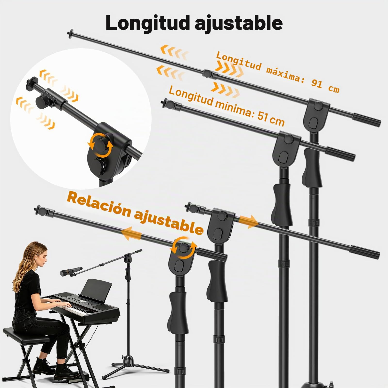 Soporte de Micrófono, Soporte Microfono Pie, Altura Ajustable Hasta 232 cm, 2 Clips, Adaptador 3/8" a 5/8", Brazo Extensible. Para Escenario, Conferencia, Grabación, Podcast. Pie de Microfono