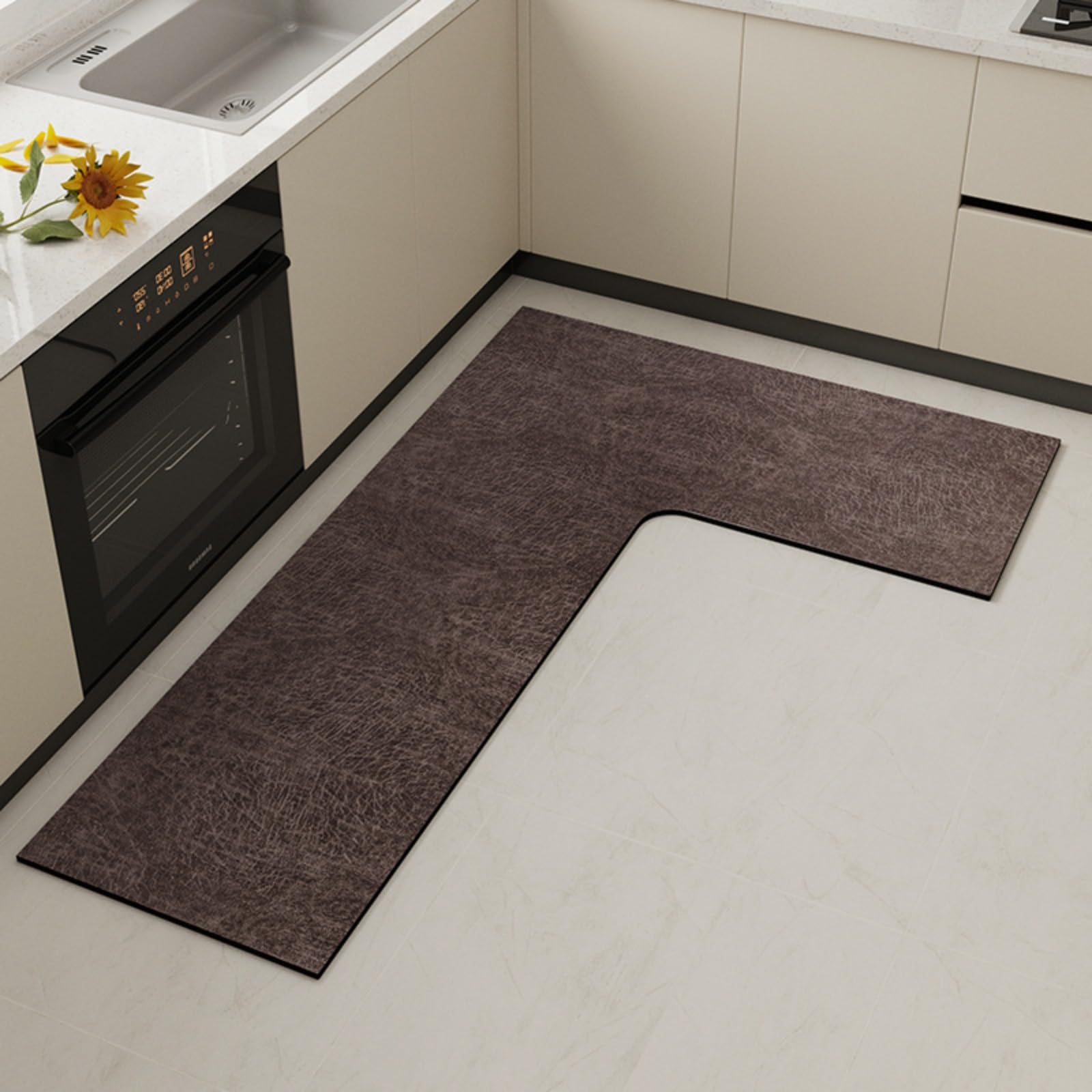 Tapis de cuisine en L effet cuir marron café imperméable