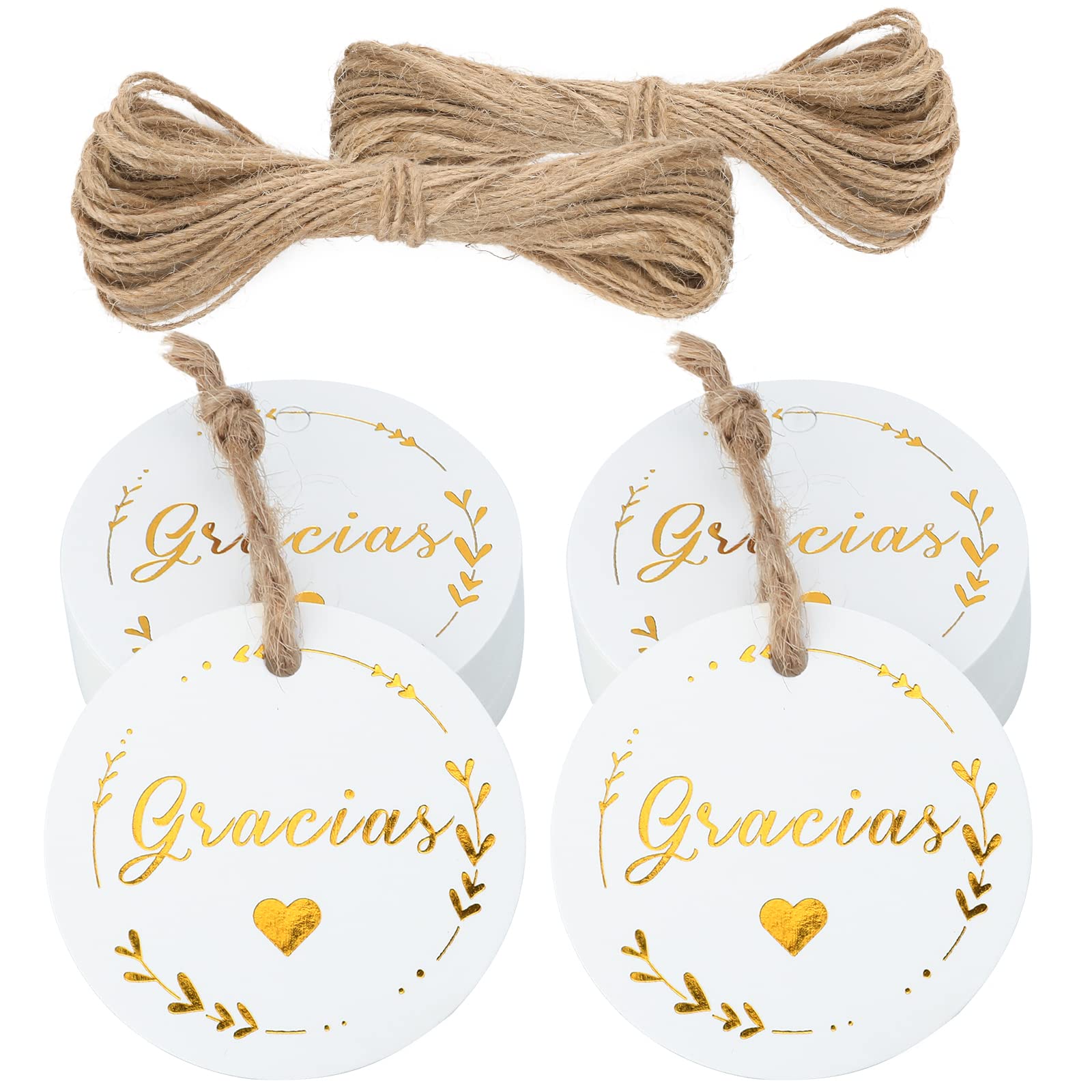 jijAcraft "Gracias" Etiquetas de Papel Kraft Redondas 5CM, 100PCS Etiquetas de Regalo y Cordel de Yute, para Boda Fiesta Comunión (Blanco)