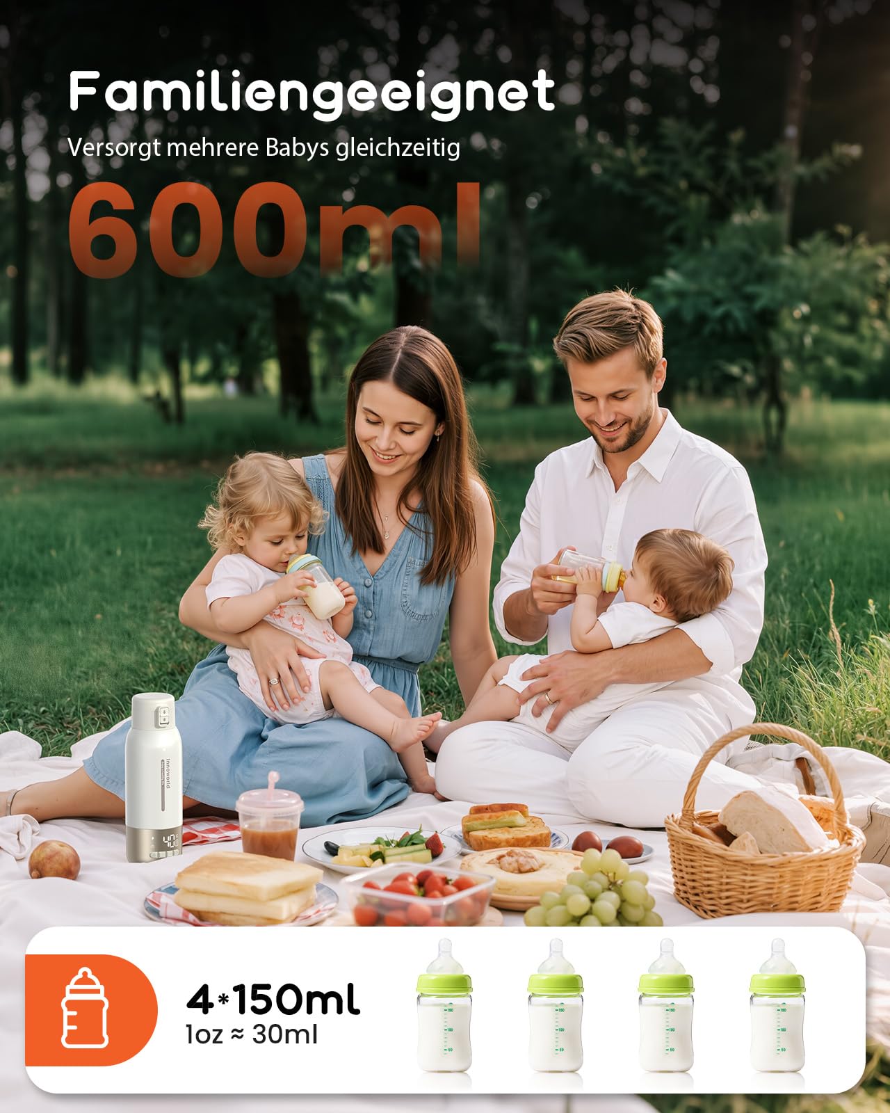 Tragbarer Flaschenwärmer Baby Unterwegs, 600ml Babyflaschenwärmer für Muttermilch & Pre-Nahrung mit Schnellaufheizung, 10400mAh Akku und USB C-Laden, Ideal für Auto, Reisen & Flugzeug - 5