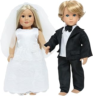 18 Inch Doll Clothes Accessories Wedding Set, Bride Wedding Dress and Groom Suit Outfit, Veil, Bow Tie for American Girl Boy Ball Party