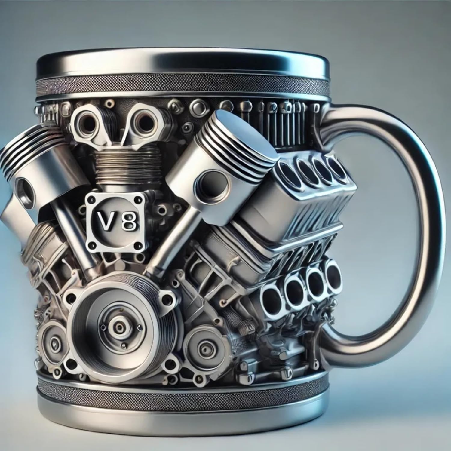 V8 Engine & Engine Themed Coffee Mug, Personalized Insulated Stainless Steel Cup with Handle, Gift for Car Lovers, Mechanics, Tool Kit Mug, Birthday Gift Idea and Home Decor Art-15OZ (silver V8)
