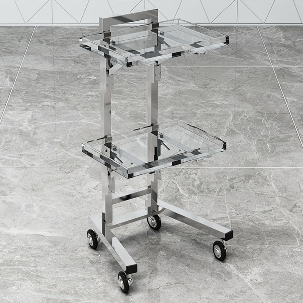 Acrylic Salon Trolley with 2 Trays for Hairdressers Rolling Trolley, Foldable Hairdresser Trolley with Wheels, Multifunctional Mobile Utility Station for Beauty Salon Hairdressing,Clear