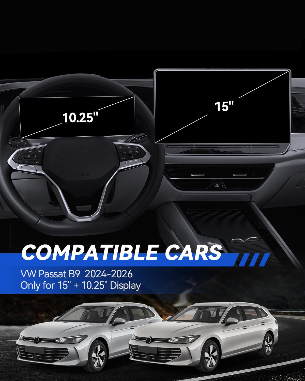9H Schutzfolie für Passat B9 Variant 2024-2026 15 Zoll Navigation und 10.25 Zoll Digital Cockpit für VW Pasat B9Displayschutzfolie Anti-Kratzen Screen Protector