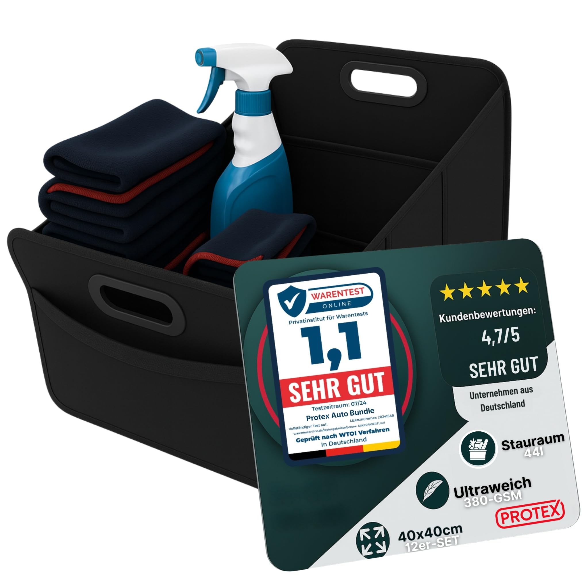 PROTEX Kofferraum Organizer Bundle [Testsieger 2025] 44L Auto Kofferraumtasche | inkl. Mikrofasertücher 12er Set | Faltbare, stabile und wasserdichte Kofferraumtasche (schwarz)