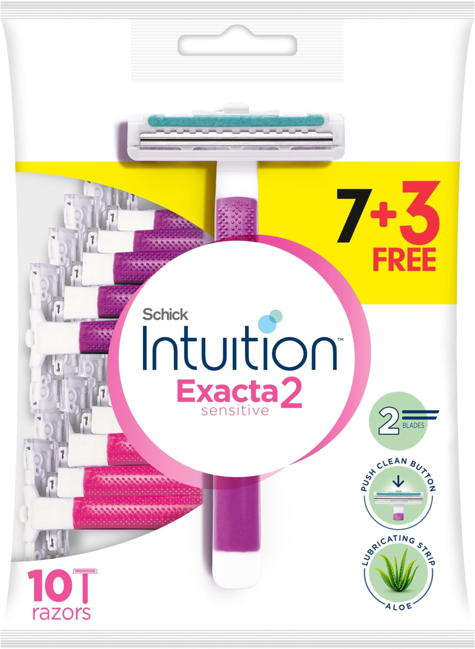 Exacta2 Sensitive Disposable Razor for Women, 7+3 Pack,Suitable for Sensitive Skin, Ultra thin 2 Blades, Lubricating Strip with Organic Aloe + Vitamin E, Push Clean Button
