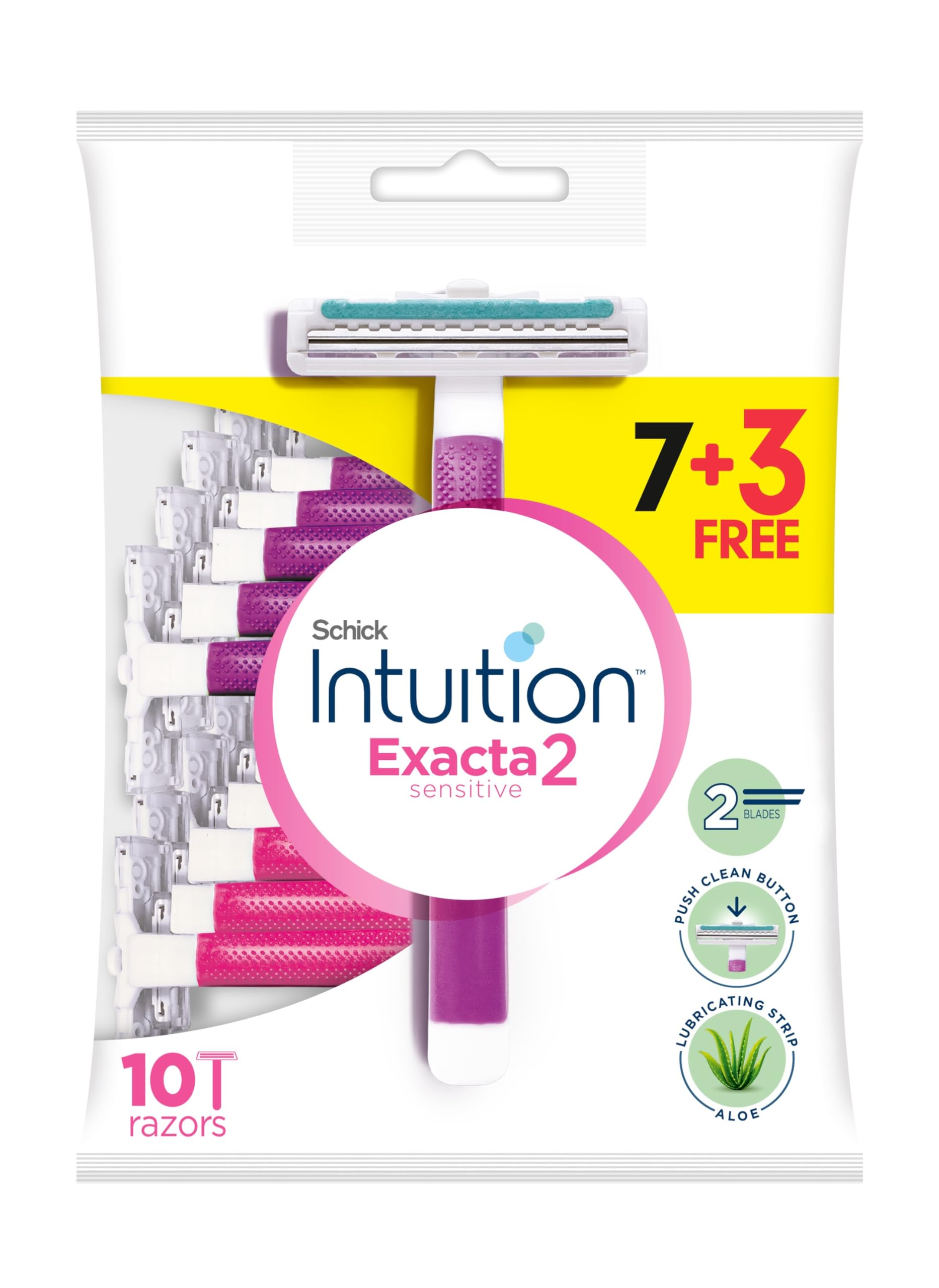 Exacta2 Sensitive Disposable Razor for Women, 7+3 Pack,Suitable for Sensitive Skin, Ultra thin 2 Blades, Lubricating Strip with Organic Aloe + Vitamin E, Push Clean Button