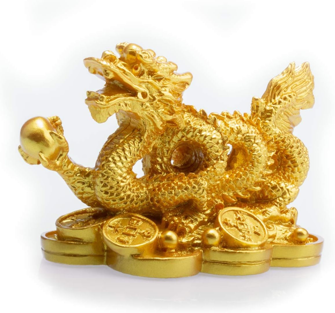Feng Shui Resin Dragon Loong on Ancient Coins Statue Symbol of Prosperity Home Office Decor(Gold)