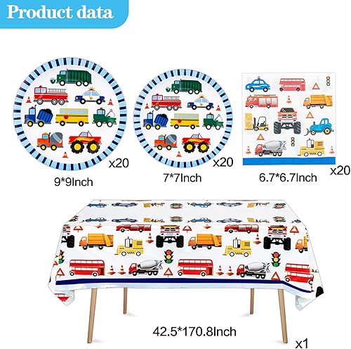 Miniatura 2 de Carros de tráfico, camiones, suministros de fiesta, platos de papel, servilletas, mantel de transporte, juego de vajilla temática de vehículos de