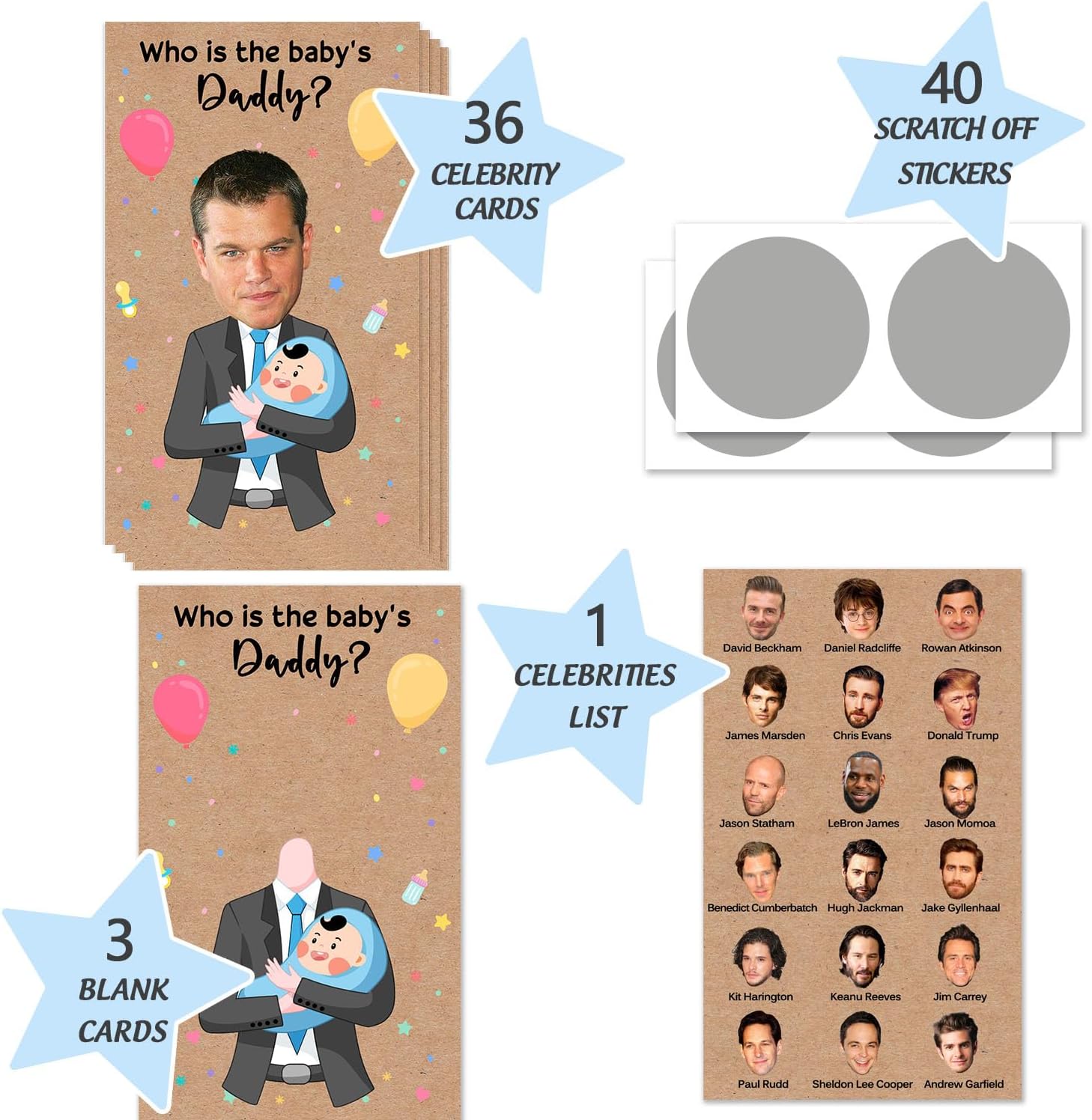Funny Baby Shower Scratch Off Game Cards, 40 Baby's Daddy Boy Tickets Kraft image 2