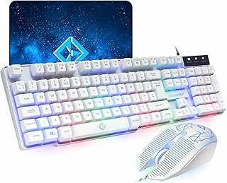 Combrite Raptor White Gaming Keyboard And Mouse Set With Large Mouse Pad, Rainbow LED Illustrated Keys, USB Wired Desktop …