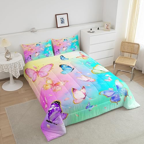 Miniatura 3 de Erosebridal Juego de ropa de cama con diseño de mariposas en acuarela, decoración de habitación de niñas, color verde azulado, rosa, mariposa,