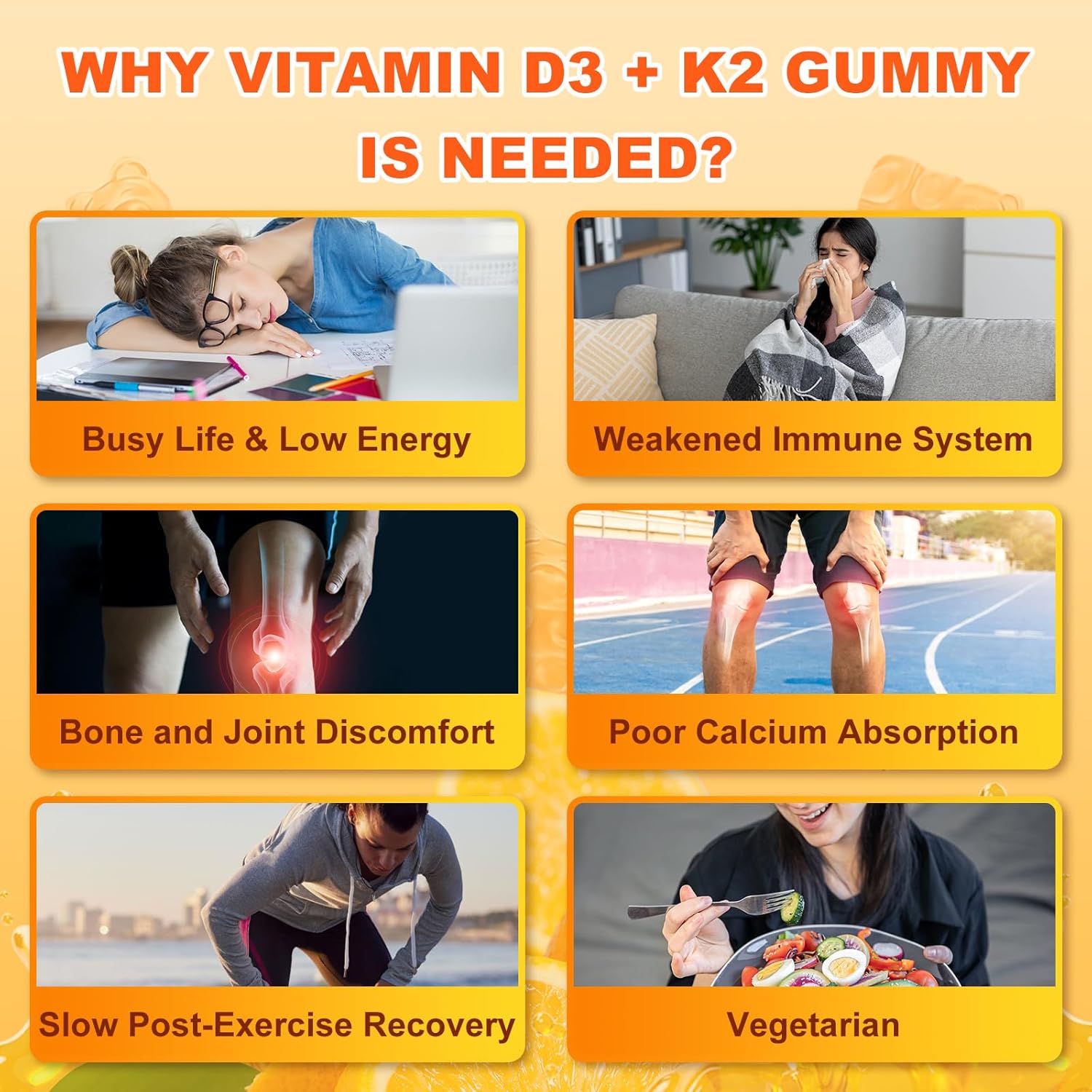 Vitamin D3 K2 Gummies with D3 10000IU & K2 200MCG, 6-in-1 Vitamin D Supplements with Magnesium, Zinc and Calcium for Bone, Immune & Energy Support, Sugar Free, Orange Flavor, 120 Count - Image 4