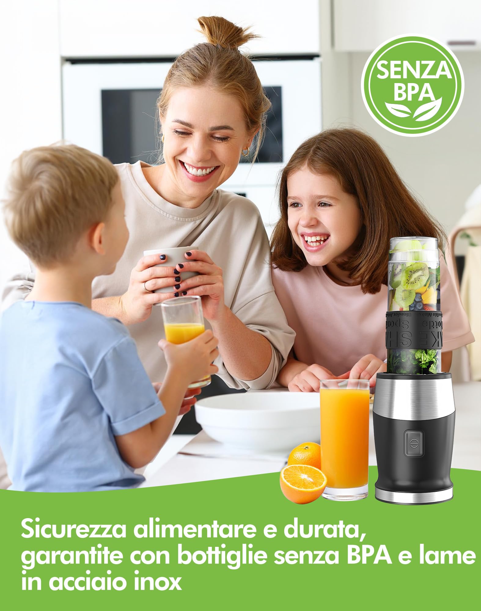 Frullatore Portatile, 500W Elettrico Frullatore Smoothie con 2 Bottiglie 570ml, Design Compatto e Facile da Pulire,Lame in Acciaio Inox, Mini Blender per Gelato, Frutta, Verdura