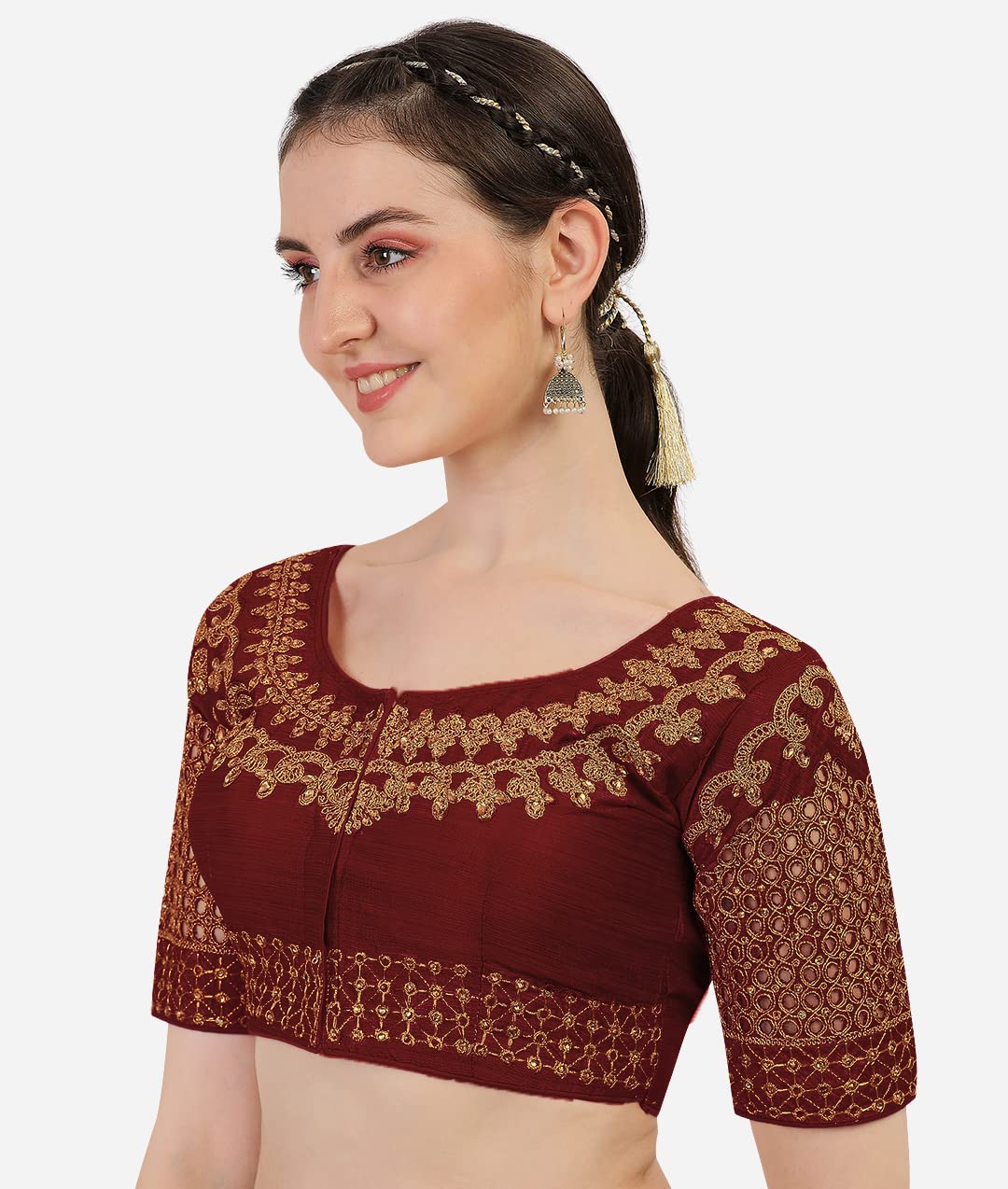 Pujia Mills Women's Silk Checks Half Sleeve Blouse (Jali New Variation Blouse_Maroon_Free Size)
