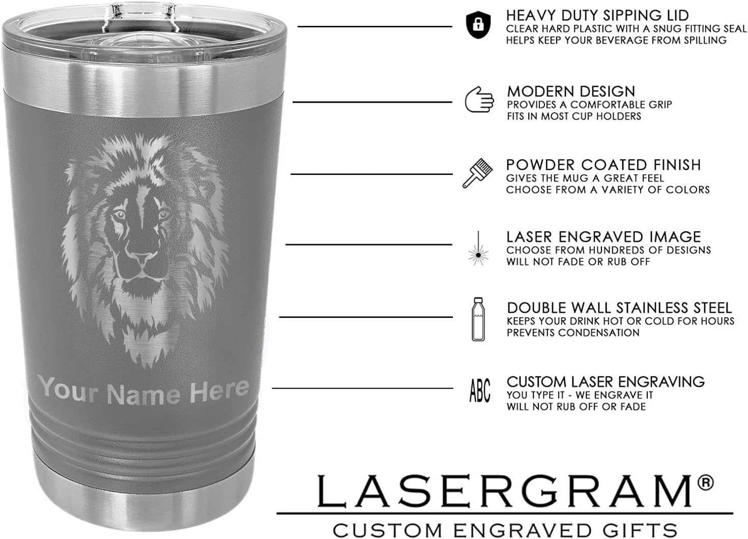 LaserGram 16oz Vacuum Insulated Pint Tumbler, Flute, Personalized Engraving Included (Gray)