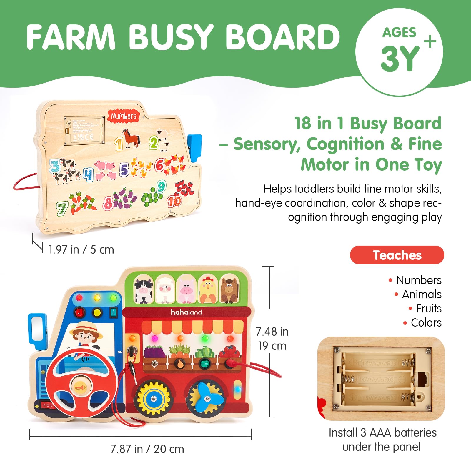 Montessori - Tabla de actividades sensoriales de madera 18 en 1 para niños pequeños de 3 a 5 años, con luces LED e interruptores, juguete educativo Montessori para habilidades motoras finas 7