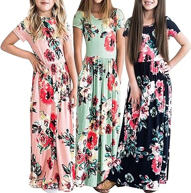 Amazon.com: Vestido largo casual holgado floral para niñas de 3 a 12 años,  longitud al suelo, manga corta con bolsillos para niños de verano : Ropa,  Zapatos y Joyería