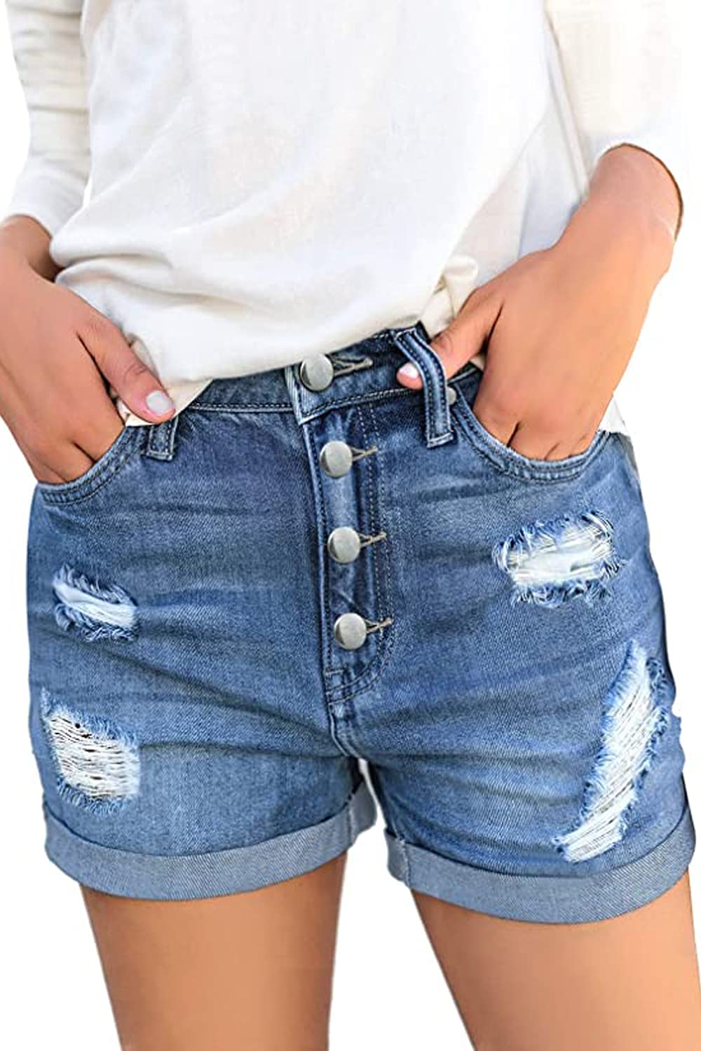 Necooer Damen Casual Ripped Denim Shorts Mittlere Taille Kurze Jeanshose mit Taschen