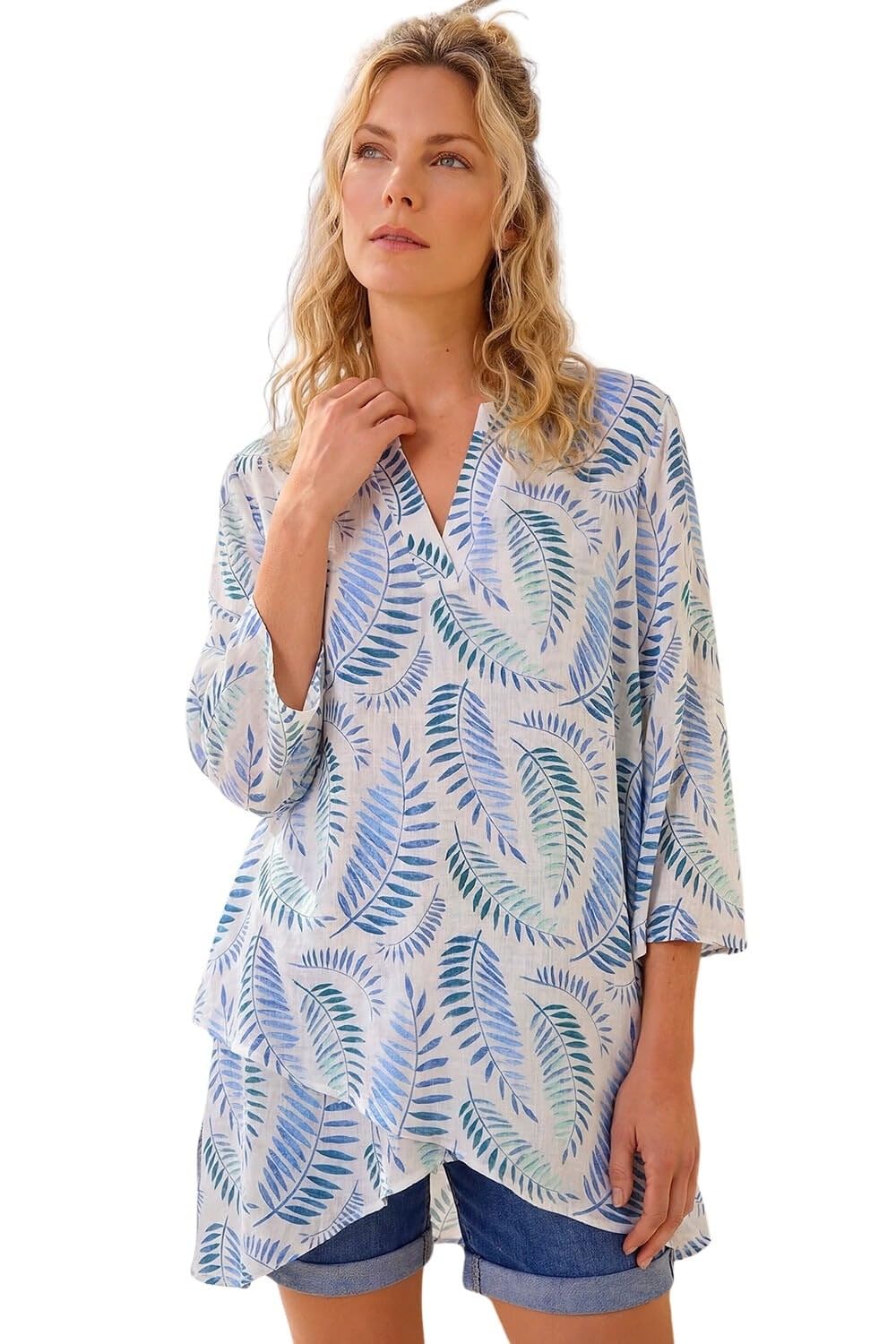 Roman Leaf Print Wrap Hem Tunic Top