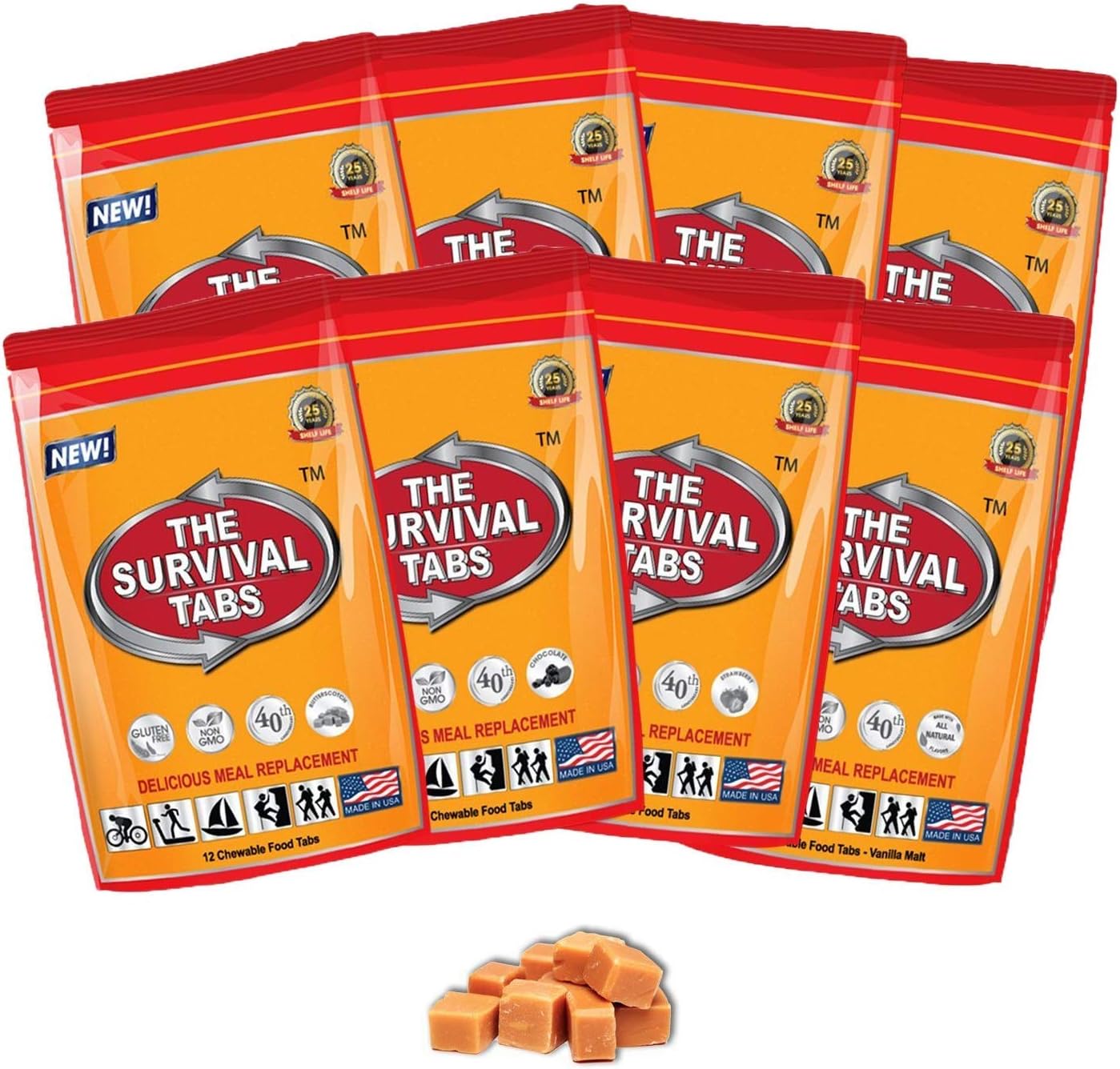 Survival Tabs 8-Day Food Supply-Emergency Survival Food MRE for Camping Biking, Disaster Preparedness Gluten-Free Non-GMO 25 Years Shelf Life (8 Pouches x 12 Tablets = 96 Tablets/Butterscotch)
