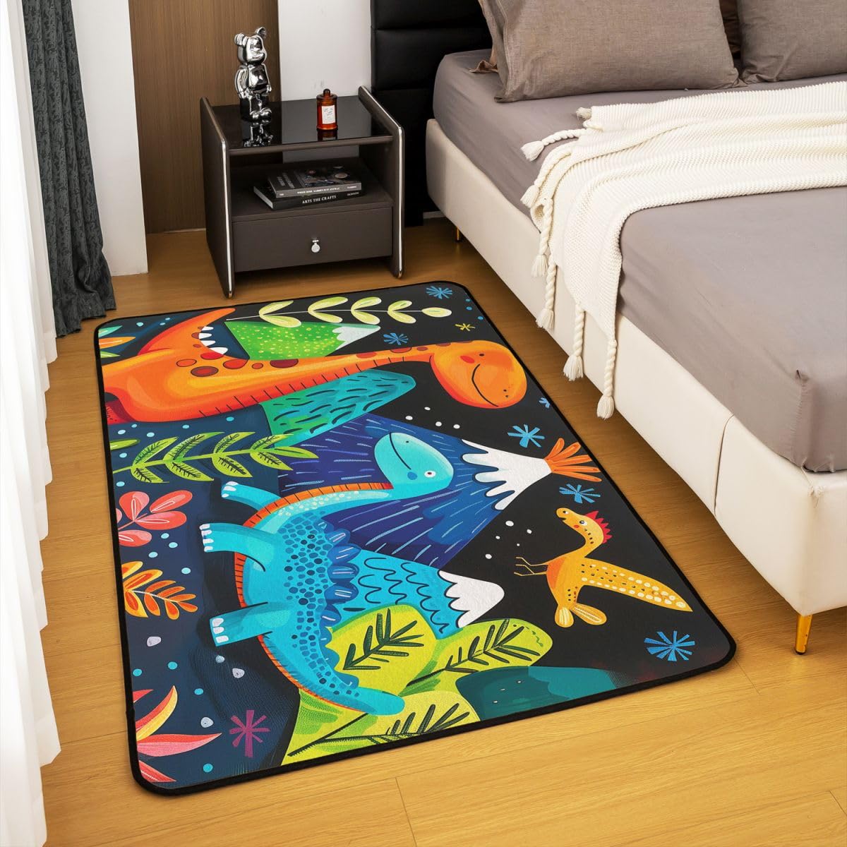 Tapis Salon 150x200cm Dinosaures Tapis D Intérieur Prehistoric Antidérapant Doux Lavable Mignon Dessin Animé Dino pour Salon Chambre Animaux Sauvages Salle À Manger Cuisine Vert Plantes