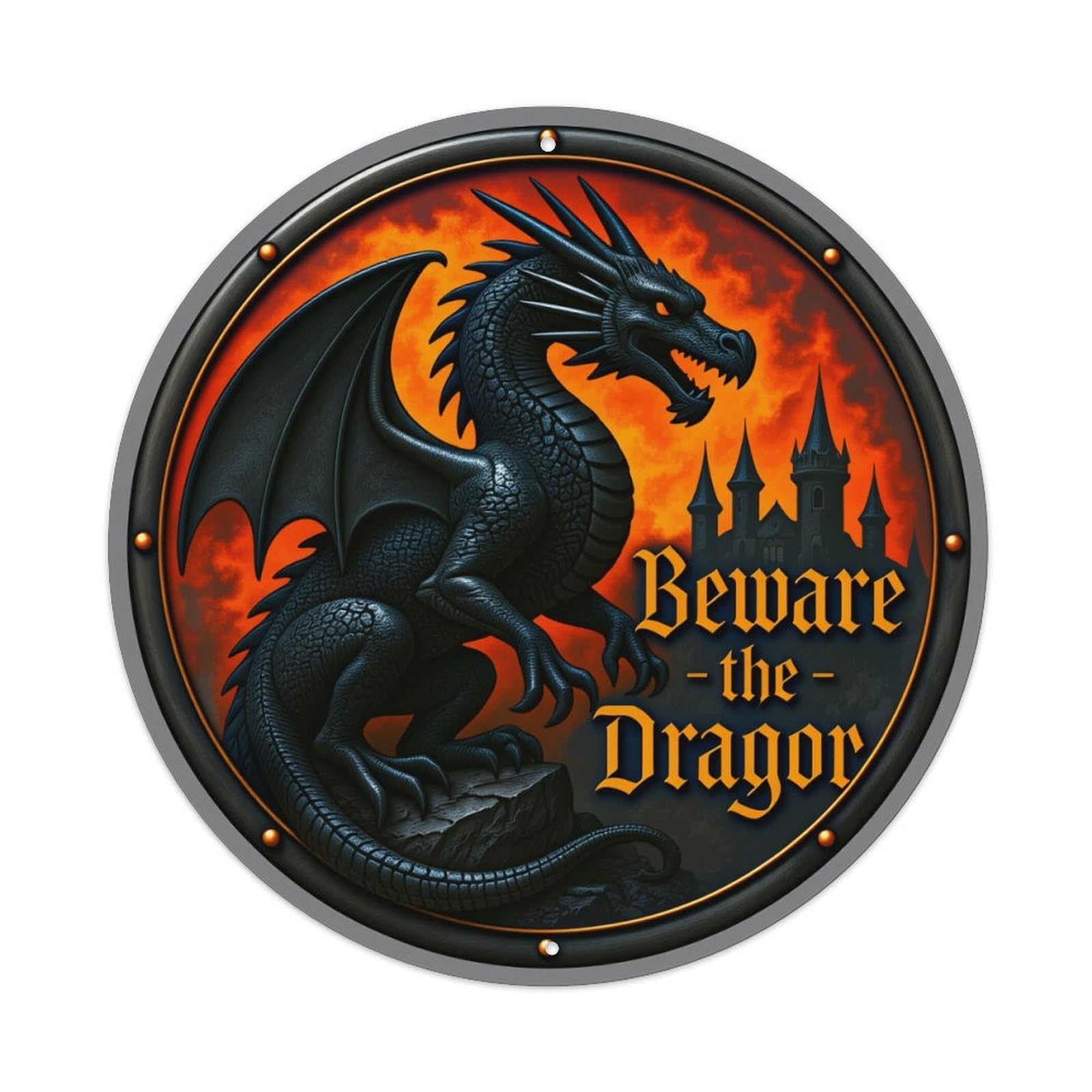 Dragon Castle Fire Warning Sign Round Tin Sign Vintage Style Metal Sign Home Bar Garden Wall Plaque Decor Metal Poster 8x8 Inch