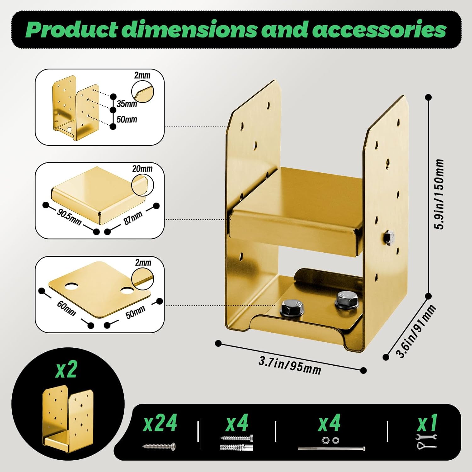 4"x 4" Post Base(Golden, 2PCS)Stainless Steel Post Anchor (Inner Size:3.5 x 3.5), Adjustable Post Bracket Fits for 4"x4" Wood Post? Pavilion Deck Porch Handrail Railing Support Decorative Anchor Plate Gold 4*4in 2pcs