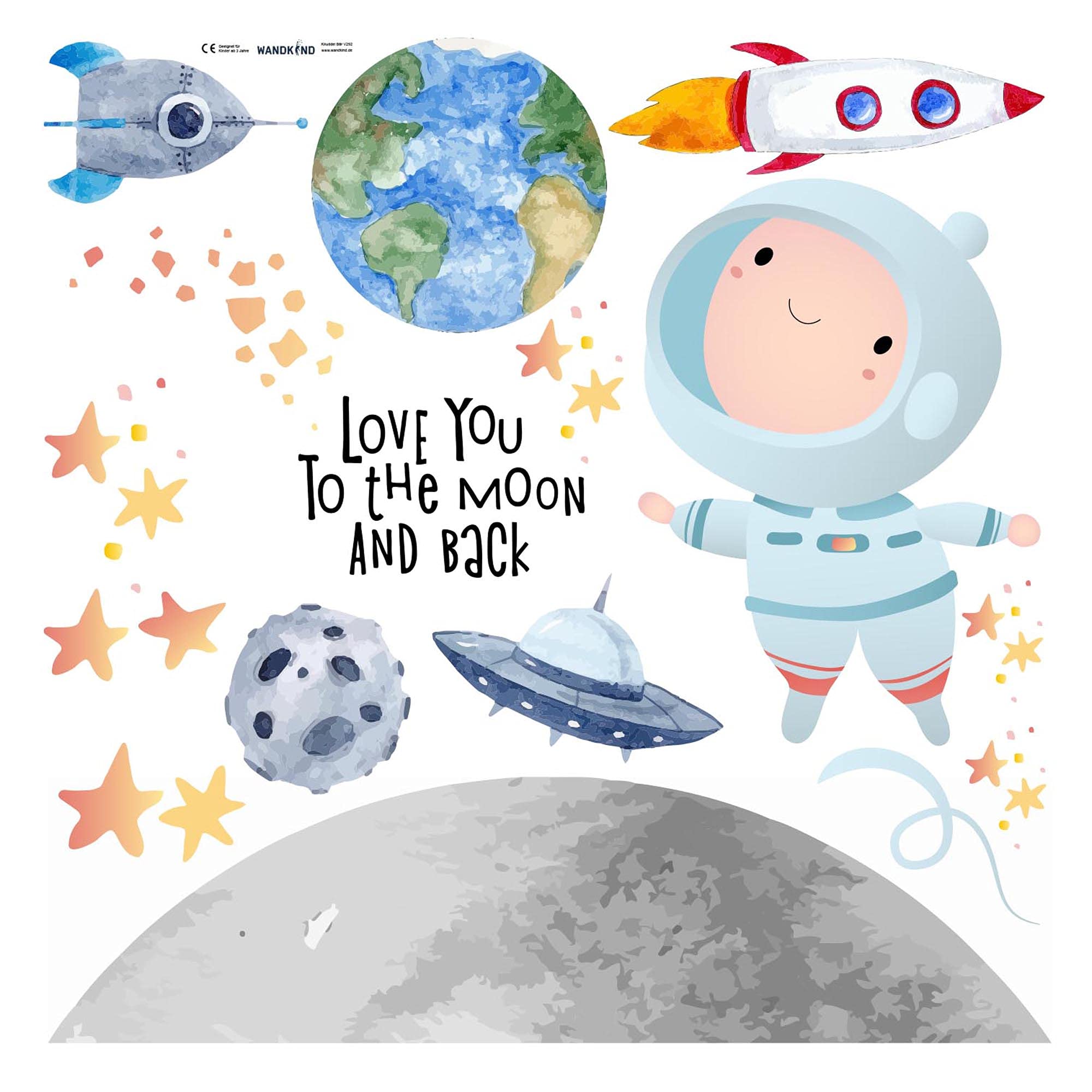 Astronaut Wandtattoo V295 | handgezeichnet | AUFKLEBER Kindergarten | Wandsticker Kinderzimmer Weltraum Rakete Mondreise Erde Sterne Raumschiff Planeten (100 x 100 cm)