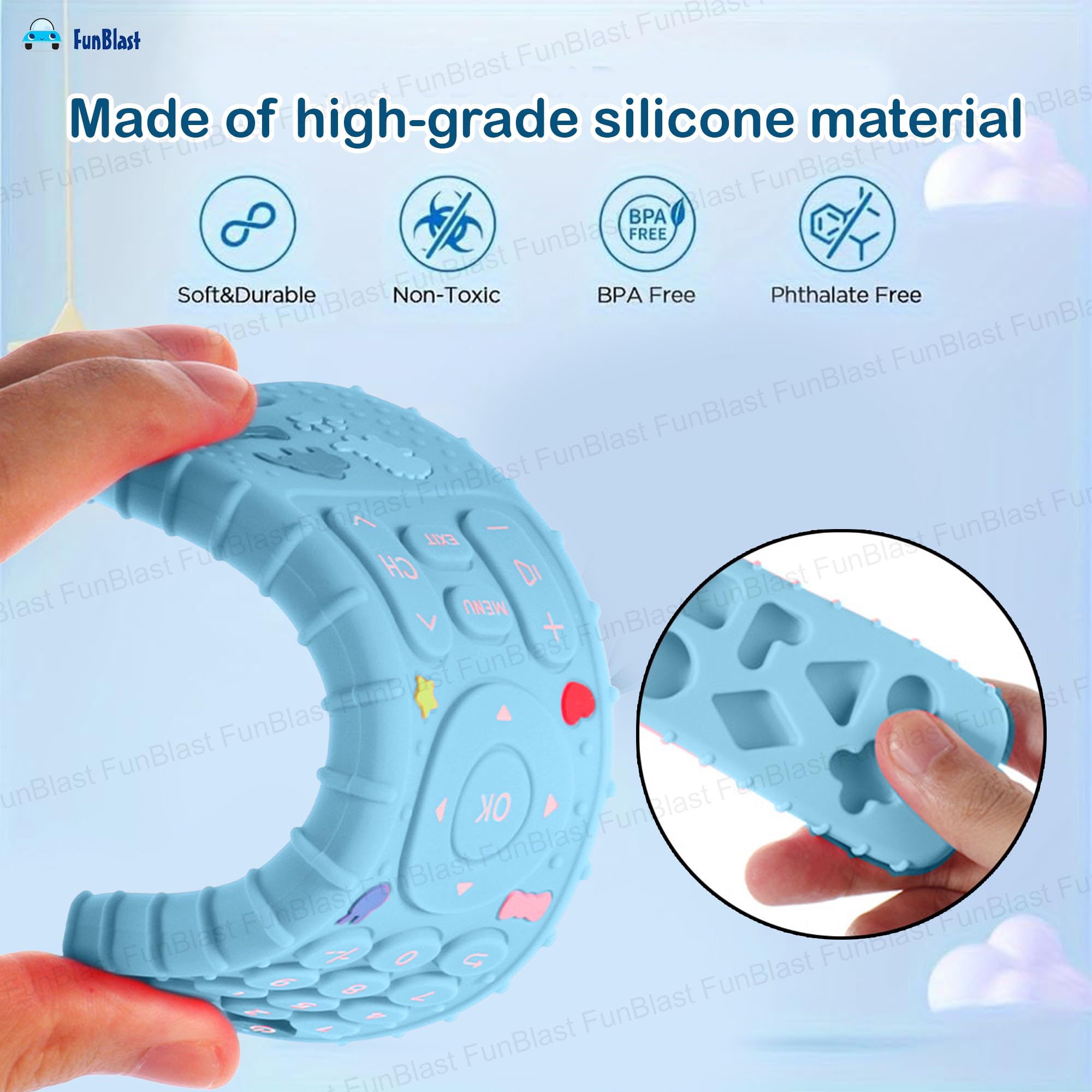 FunBlast Teether for Babies - Silicone Remote Teether for 3+ Month Baby & Toddlers, Teething Toys for Baby and Toddlers, Helps Biting Skills Development, Activity Toys for Babies (Blue) 3