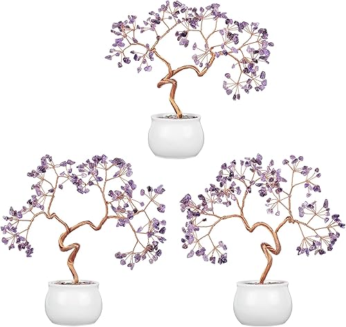Miniatura 4 de Rockcloud Árbol de dinero Fengshui con piedra de cristal de amatista de 8.5 pulgadas con base de cerámica para buena suerte, riqueza, hogar,