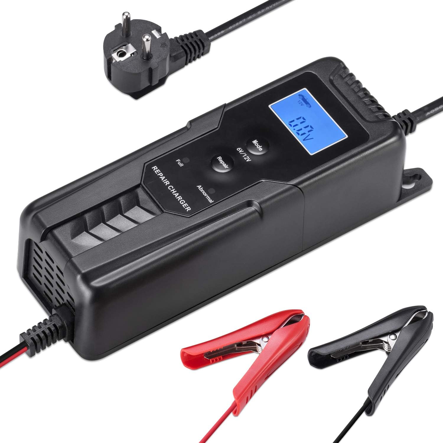 6V/12V 4A Automatic Smart Battery Charger Maintainer with Cable Clamps Smart Repair Charger for Car Boat Lawn Mower Sealed Lead Acid Battery Repair Battery