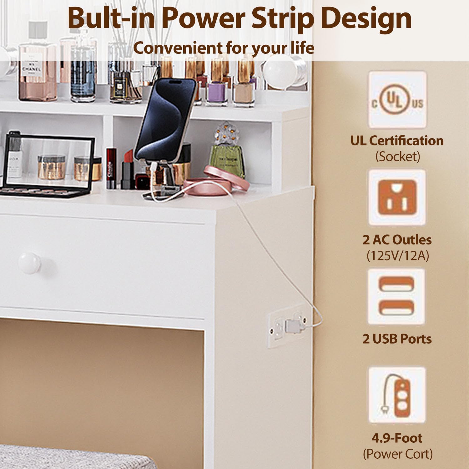 Vanity Desk with Mirror and Lights & Power Strip,Small Vanity for Small Space,Modern Makeup Table with 4 Drawers and Stool for Bedroom,White