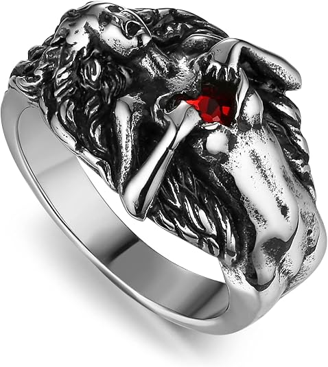 HZMAN Men Women Dark Gothic Rings Vintage Red Love Cubic Zirconia Rings Open Your Heart Personality Rings
