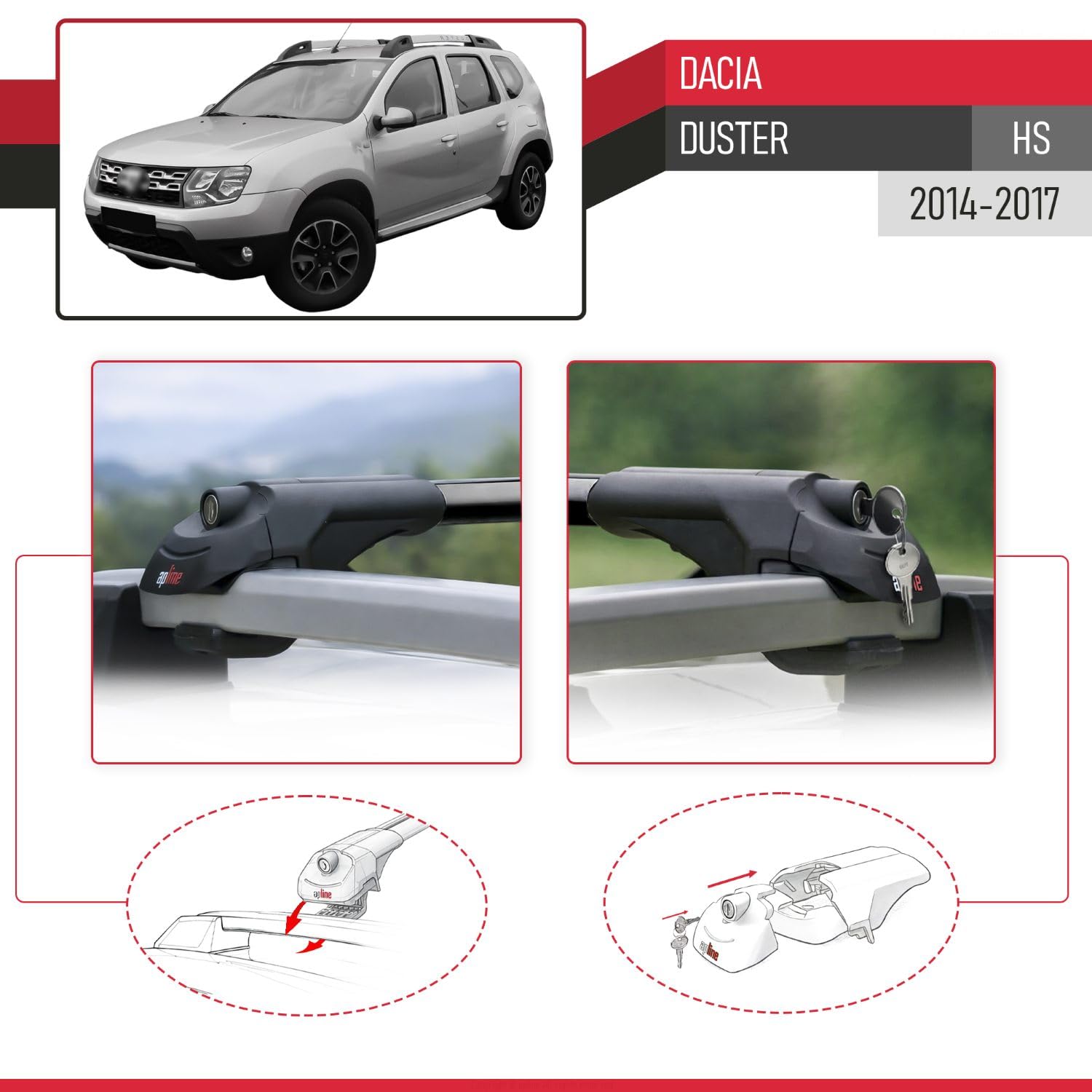 Compatible con Dacia Duster (HS) Post-Facelift 2014-2017 Modelo Ace-1 Barra de Techo Auto Portaequipajes Barras Transversales Negro Aluminio 2 Barras