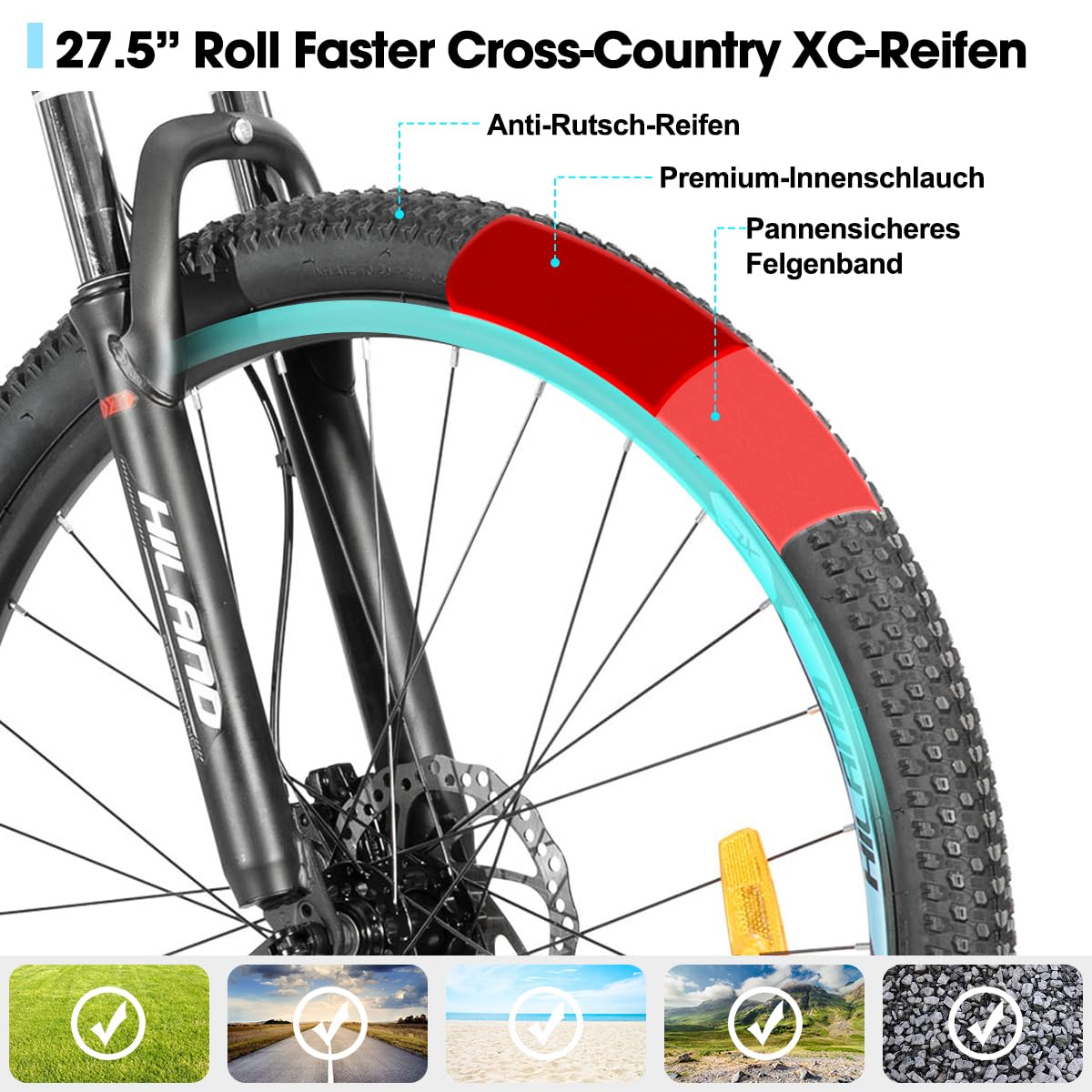 HILAND Bedrock Mountainbike 27,5 Zoll, 24 Gänge, Aluminiumrahmen, Mountainbike mit Hydraulische Scheibenbremsen und Federgabel, Unisex MTB Fahrrad für Herren & Damen