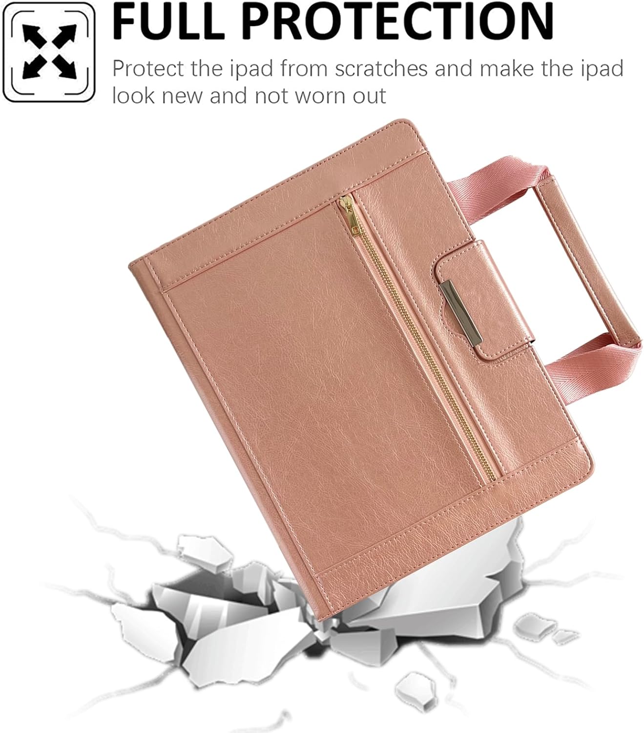 Dteck for iPad/Android 15/14/13/12/11 Tablet 9.6 9.7 10 10.1 10.2 10.36 10.4 10.5 Inch Tablet Universal Protector Case with Zipper Pocket/Handle/Card Slots, PU Leather Folio Fold Stand Cover, Rosegold