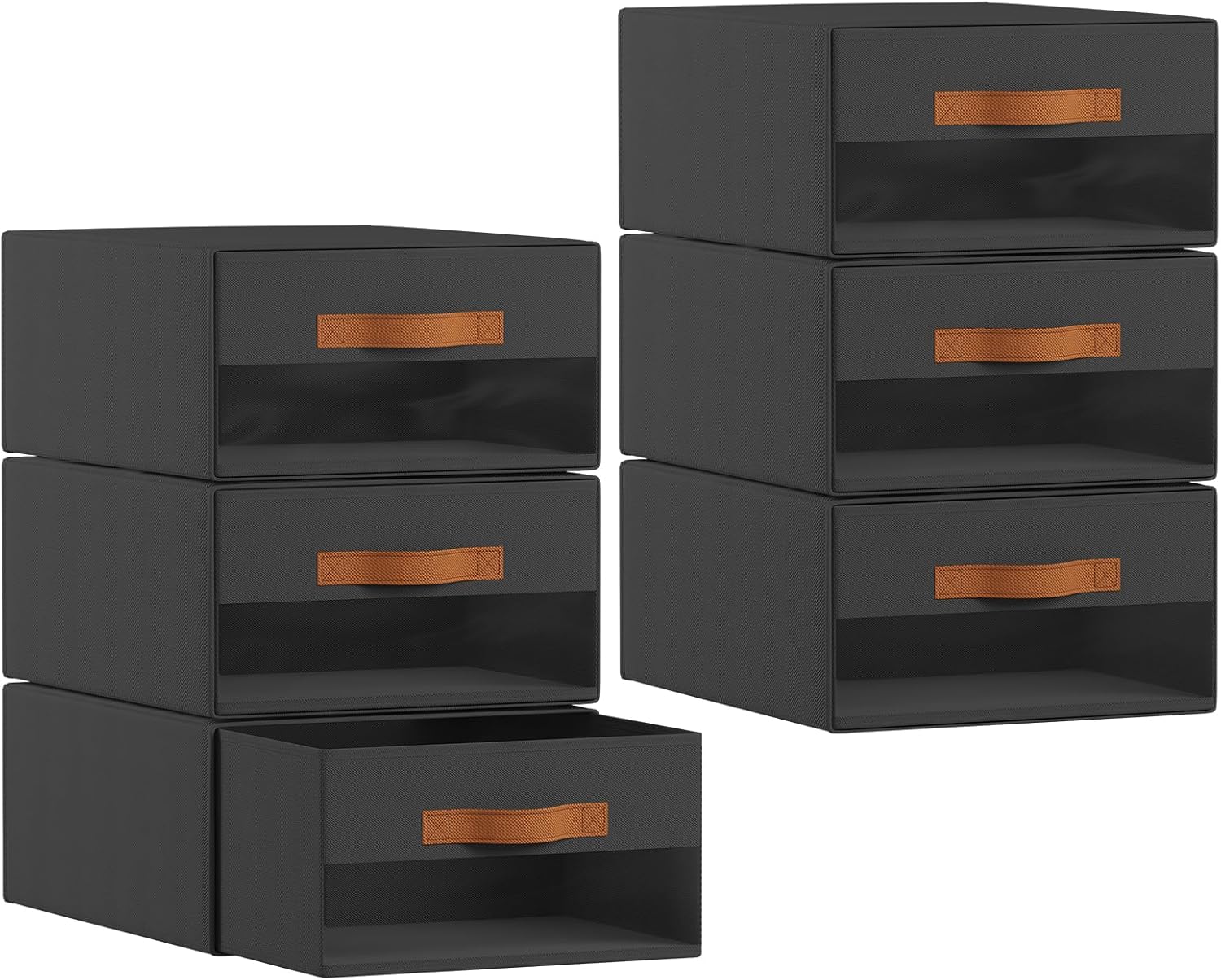 Large Closet Storage Bins - 6 Pack Pull-Out Stackable Fabric Boxes with Clear Window, Foldable Closet Visible Storage Container for Bedroom, Living Room, Home Shelves, Black