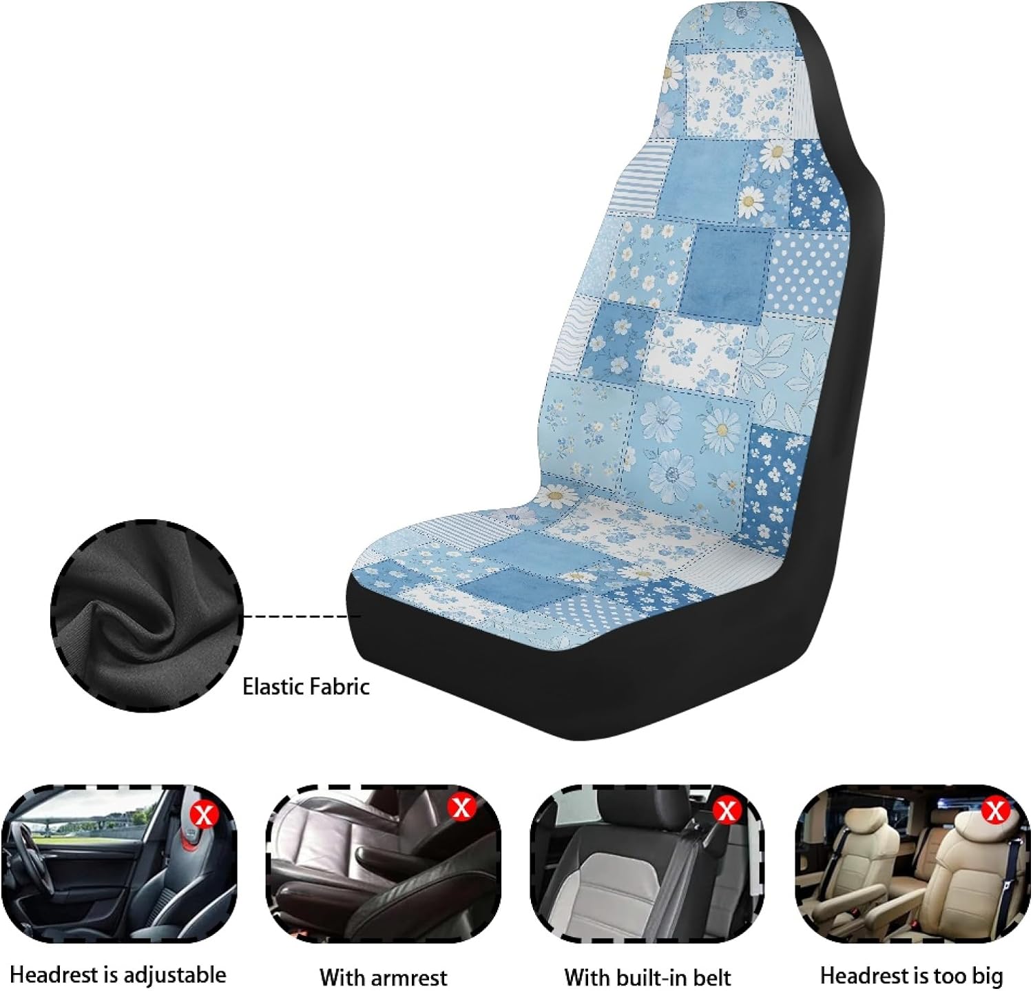 Amzbeauty Blue Floral Patchwork Print Car Seat Covers Front Seats Protector for Women Cute Design Auto Accessories Soft Stretch Car Seat Cushion Cover