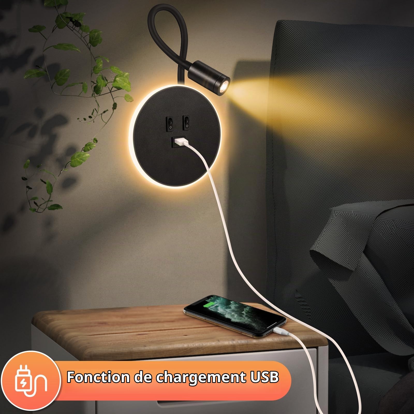 Applique murale LED Lampe Col de Cygne Flexible, 3W 9W Applique de Lecture avec Port de Charge USB et interrupteur, 2 pièces Liseuse Fixation Murale Spot réglable pour Chambres Salon Hôtel (noir)