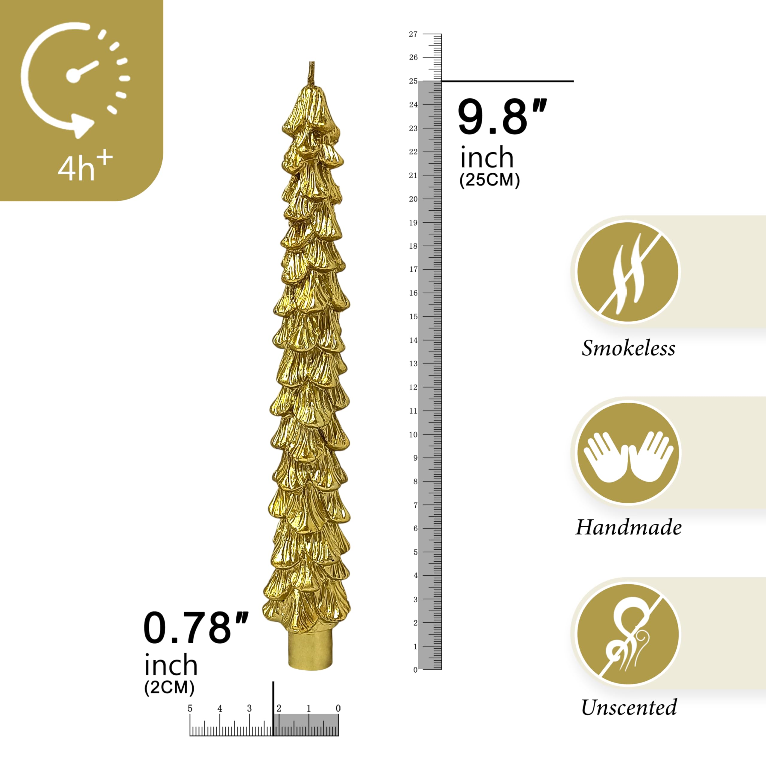 Lot de 4 bougies coniques en forme de sapin de Noël, 24 cm, non parfumées, bougies décoratives pour sapin de Noël, cadeau pour décoration de fête de Noël, doré