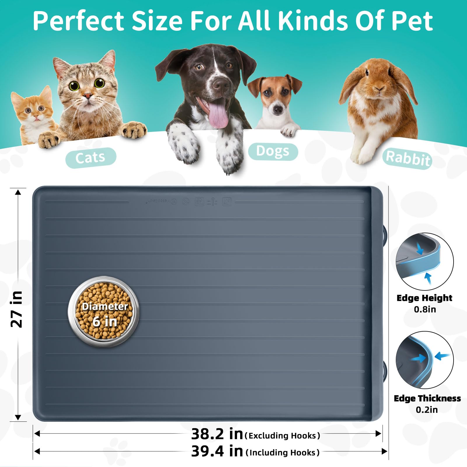 Hundematte für Futter und Wasser, 100.1x68.6 cm, wasserdichte Hunde- und Katzennapfmatte mit hohen Kanten, um Wasser- und Futterverschüttungen zu verhindern (dunkelgrau)