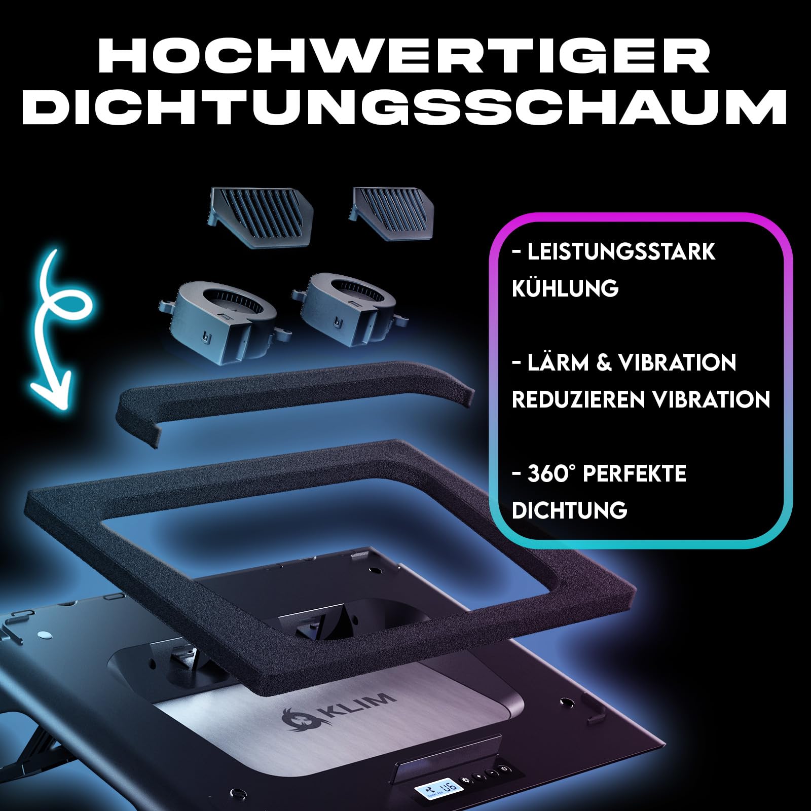 KLIM Mistral Laptop Kühler - NEU - Leistungsstarker Turbo-Ventilator (4500 U/min) - Gummiring Dichtung für maximale Leistung - Vermeide Überhitzung und schütze Dein Gaming Notebook - 15-17 Zoll