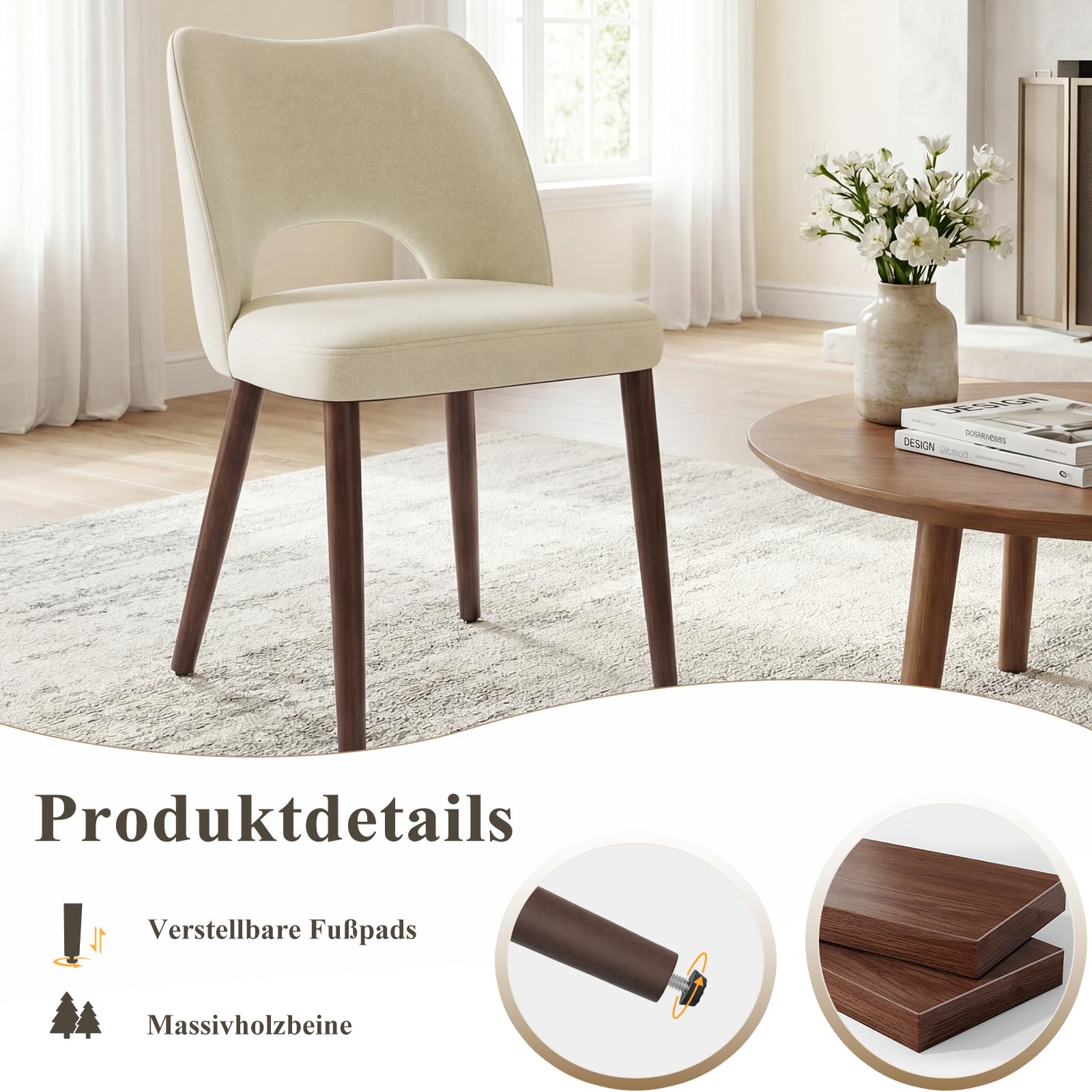 MALOL Esszimmerstühle 4er Set, Moderne Esszimmer Stühle, Ergonomisch Gepolsterte Küchenstühle mit Vertikal Gestreifter Rillenlehne, Polsterstühl für Esstisch Wohnzimmer Café Restaurant, Beige