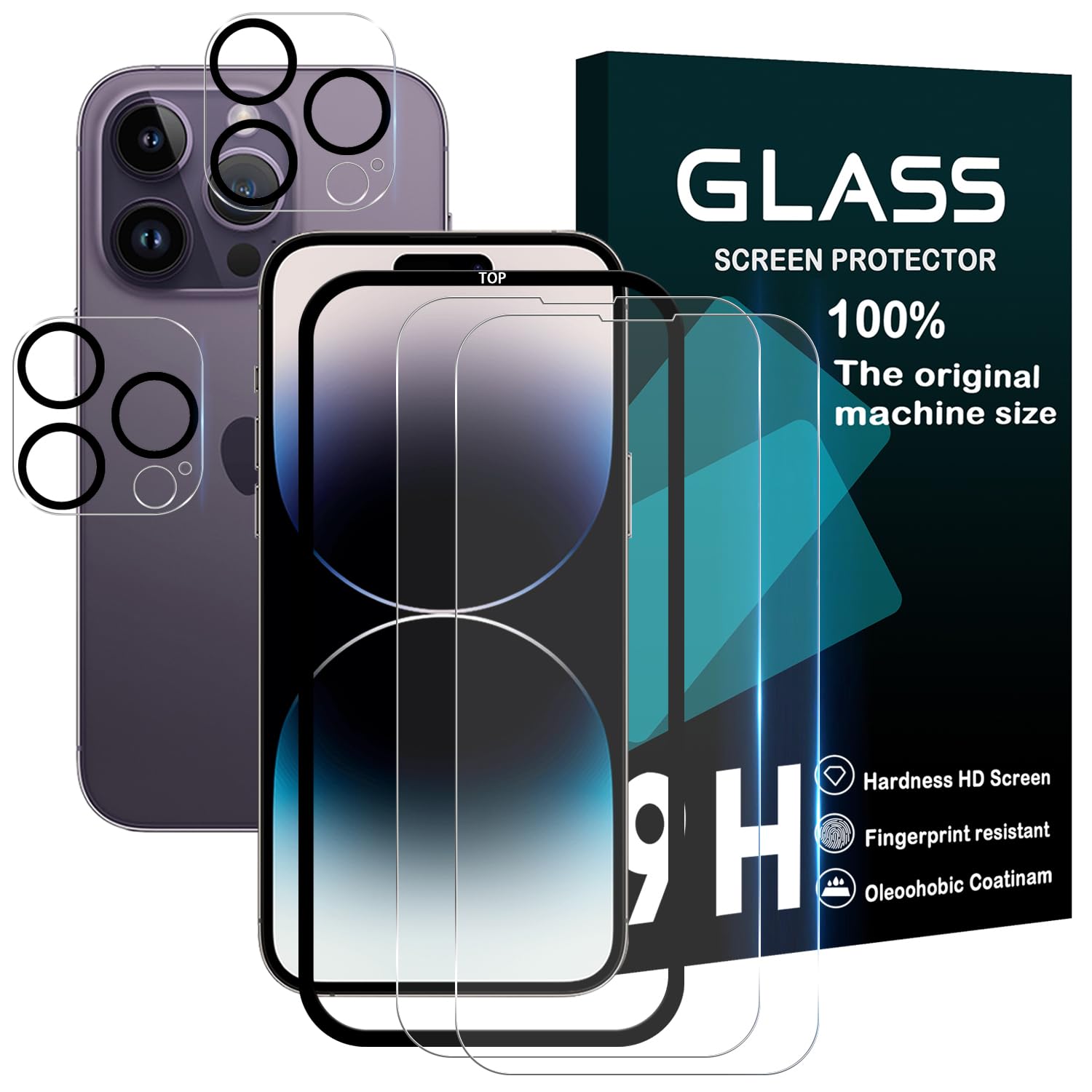 対応 iPhone 14 Pro ガラスフィルム ガイド枠付き 【 2+2+1枚セット- 国産旭硝子素材 】 iphone14pro フィルム （2枚） + レンズ保護フィルム （2枚）アイフォン14プロ 強化ガラス 【 ラウンドエッジ加工 2.5D 薄型 0.26mm HD 表面硬9H 耐衝撃 飛散防止 耐久性 撥油性 疎水性 指紋防止 高感度 貼り付け簡単 自動吸着 気泡ゼロ 】 WEKIP14PTM4