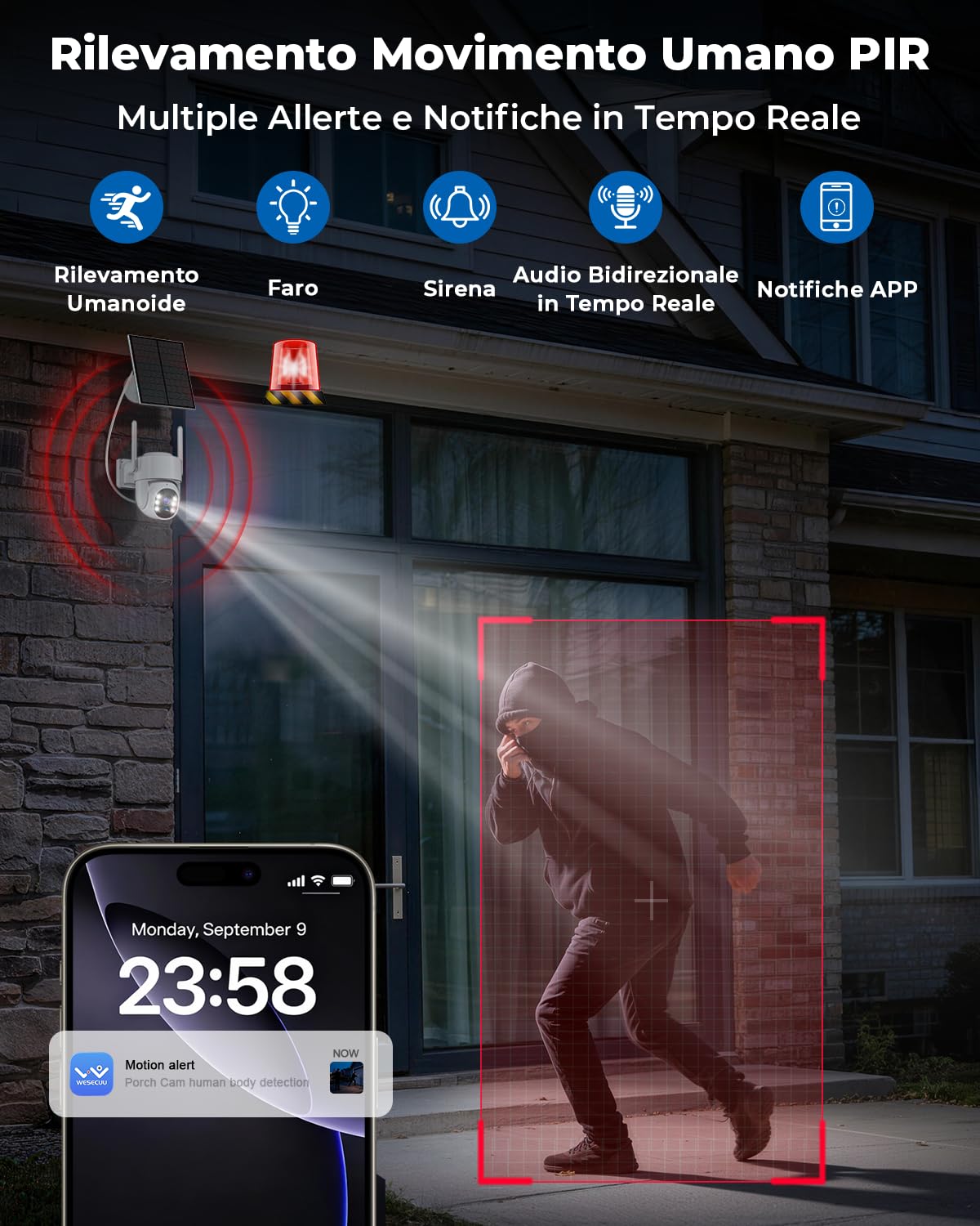 WESECUU Telecamera di Sorveglianza WiFi Esterna Senza Fili Solare 2.5K 4MP con Pannello Solare 5W, 2K QHD, Batteria 8000mAh, Wi-Fi 2.4G e 5GHz, PTZ 360° Seguimento Automatico, IP66, Rilevazione PIR