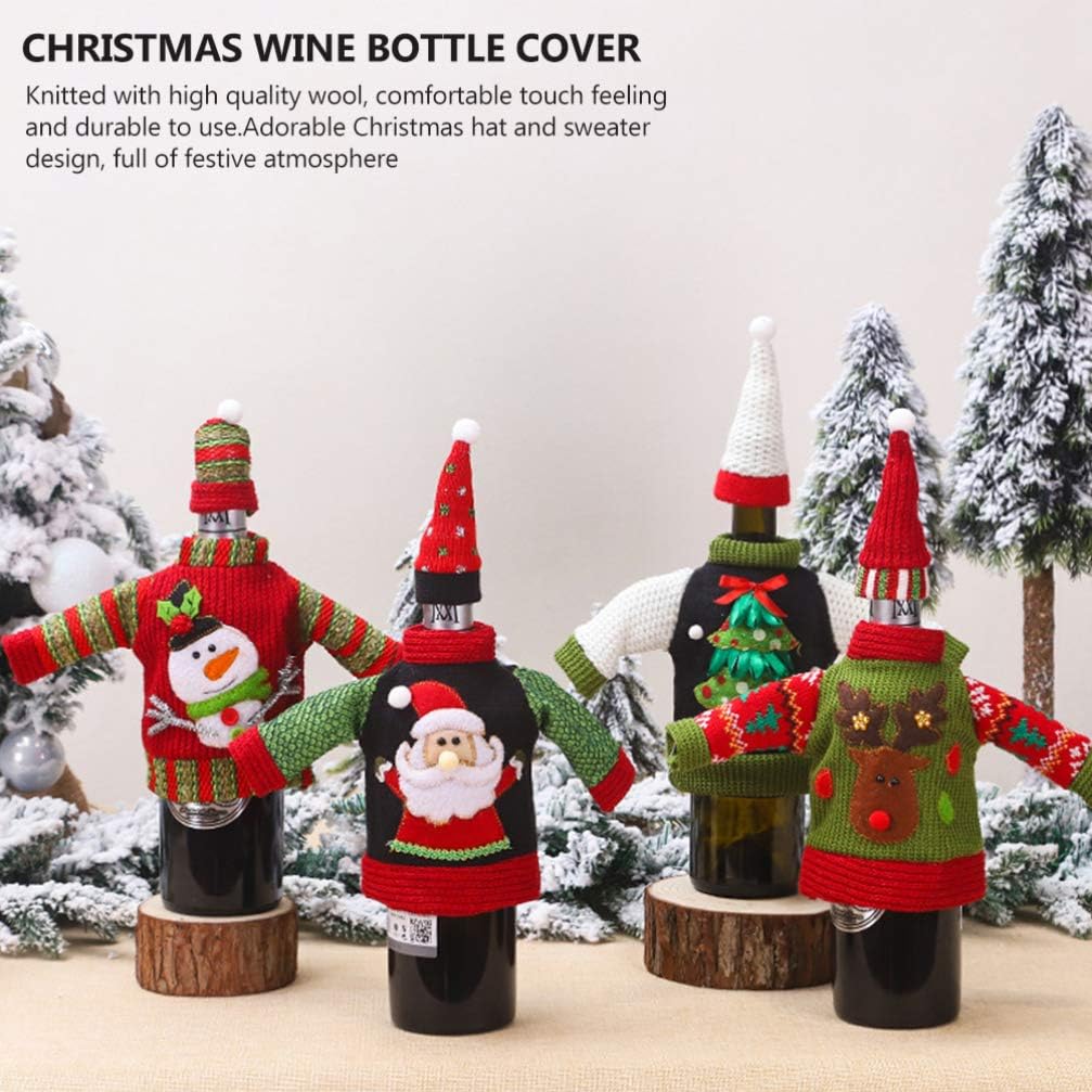Amosfun Sweater Christmas Wine Bottle Covers Holiday Wine Bottle Sweater Cover with Hat for Christmas Party Decorations Random Styles