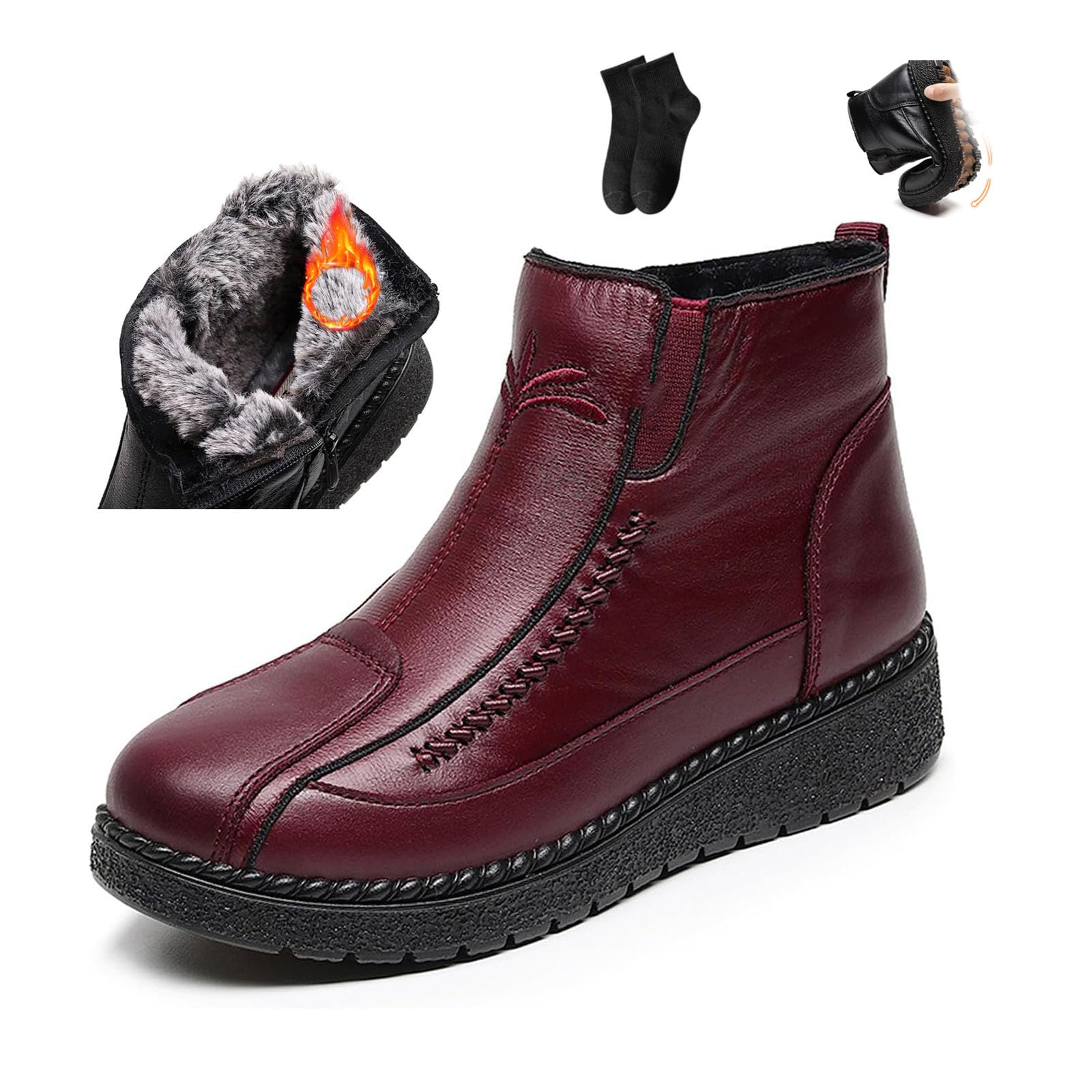 Womens Waterproof Non-slip Cotton Leather Boots Winter Snow Boots for Women Slip on Thickened Warm Fur Lined Zipper