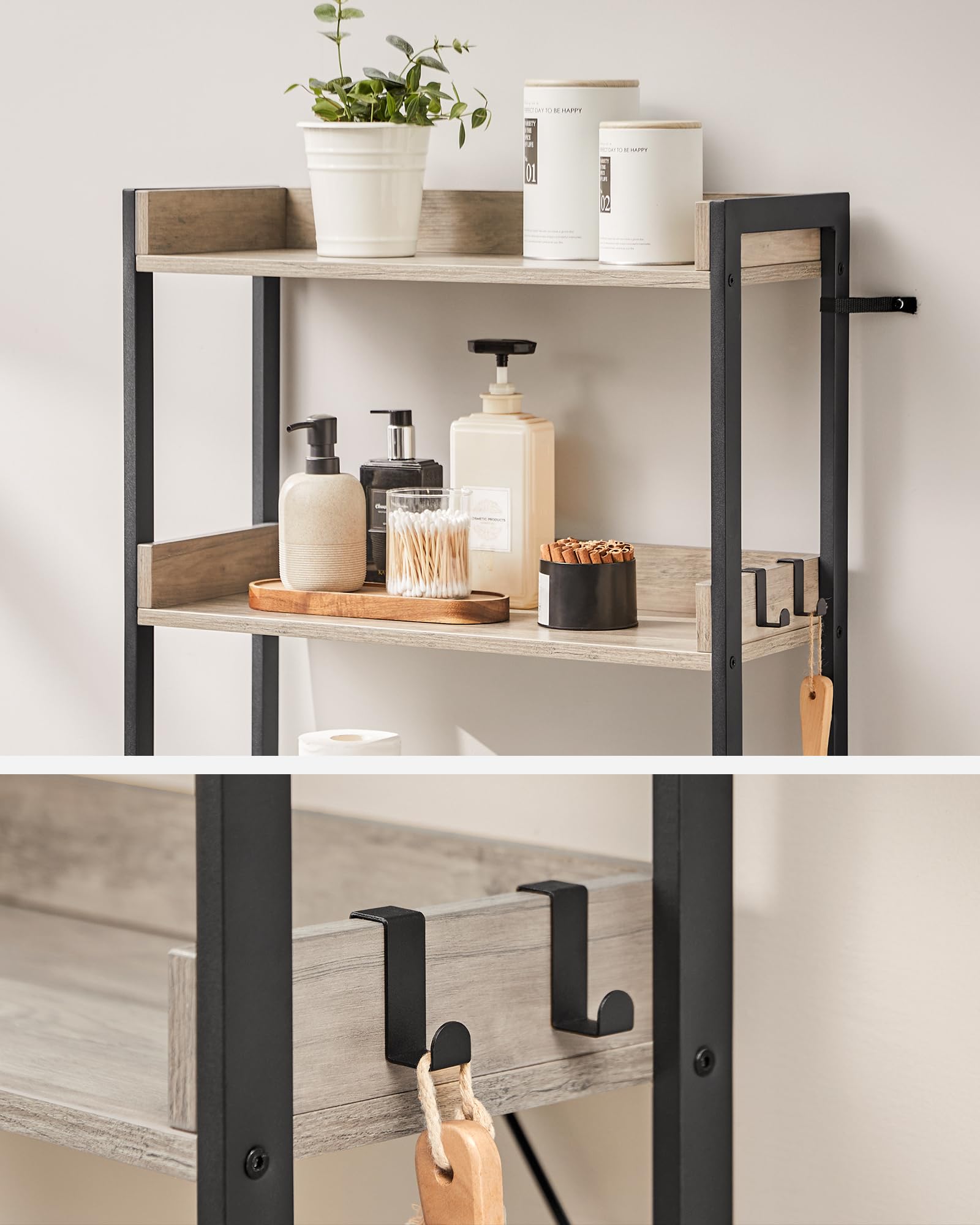 VASAGLE Scaffale sopra WC e Water con 3 Ripiani, Scaffale da Bagno Salvaspazio, Montaggio Facile, Portaoggetti per Gabinetto Lavatrice, Stile Industriale, Greige e Nero BTS002B02