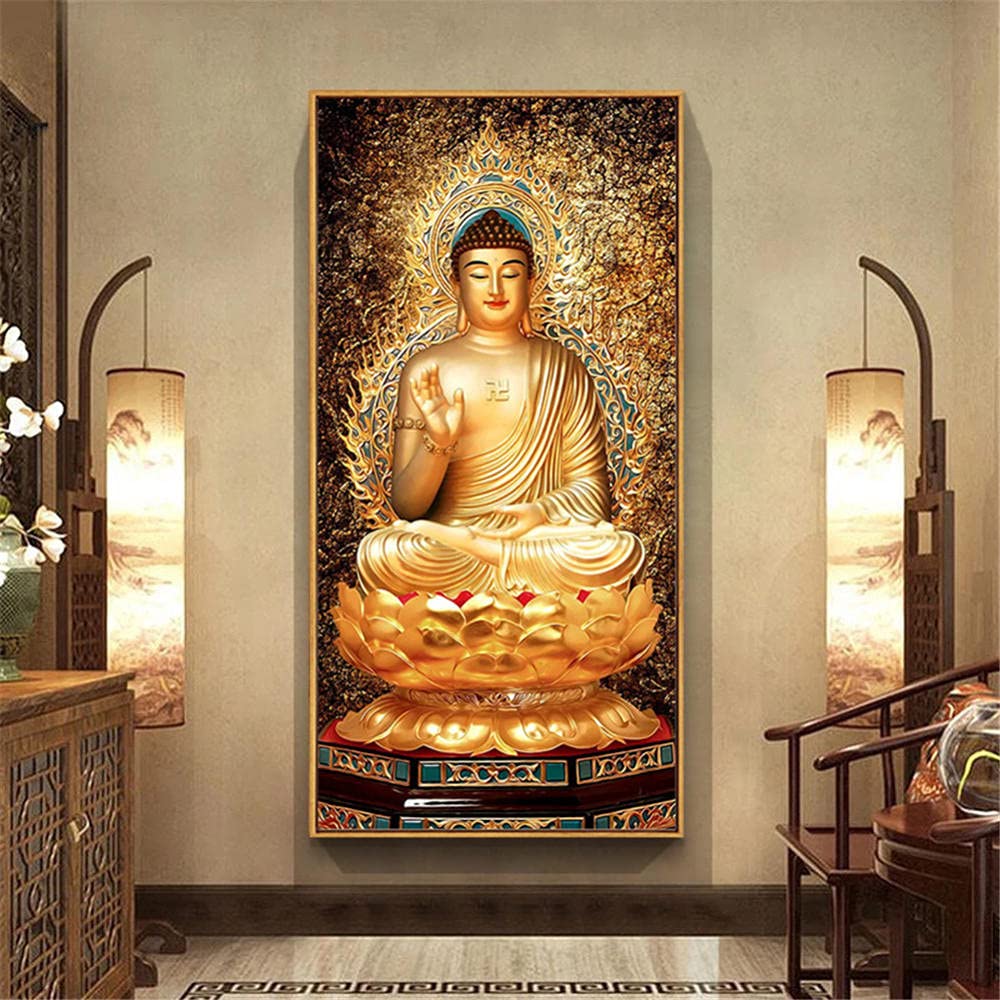 Diamond Painting Bouddha,Grand Taille Peinture Diamant par Numéros Kits Complet Strass Cristal Point de Croix Broderie Art pour la Décoration à la Murale Salon/Chambr-Round Drill,70x200cm
